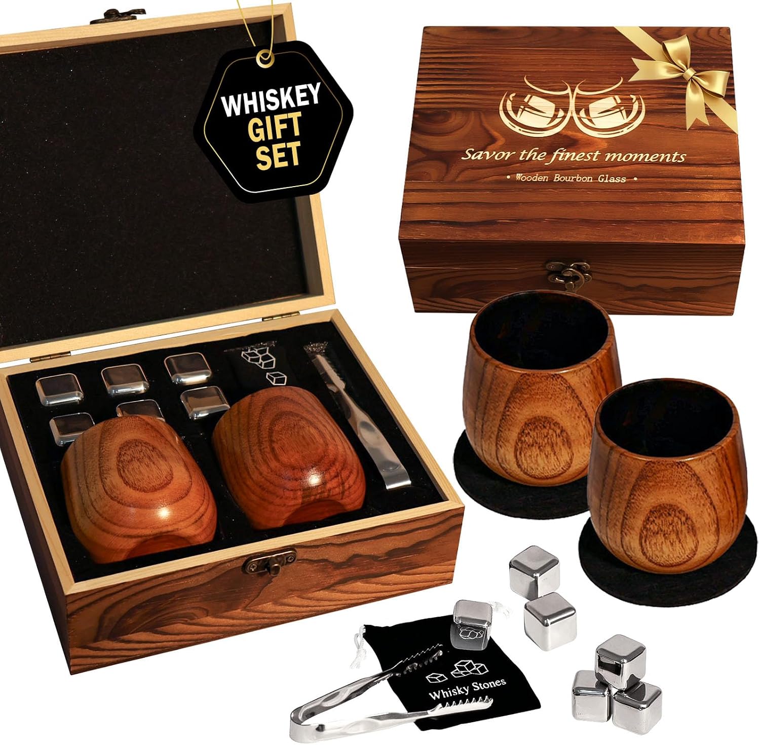 Detalle de Wooden Whiskey Glass Set, Charred Oak