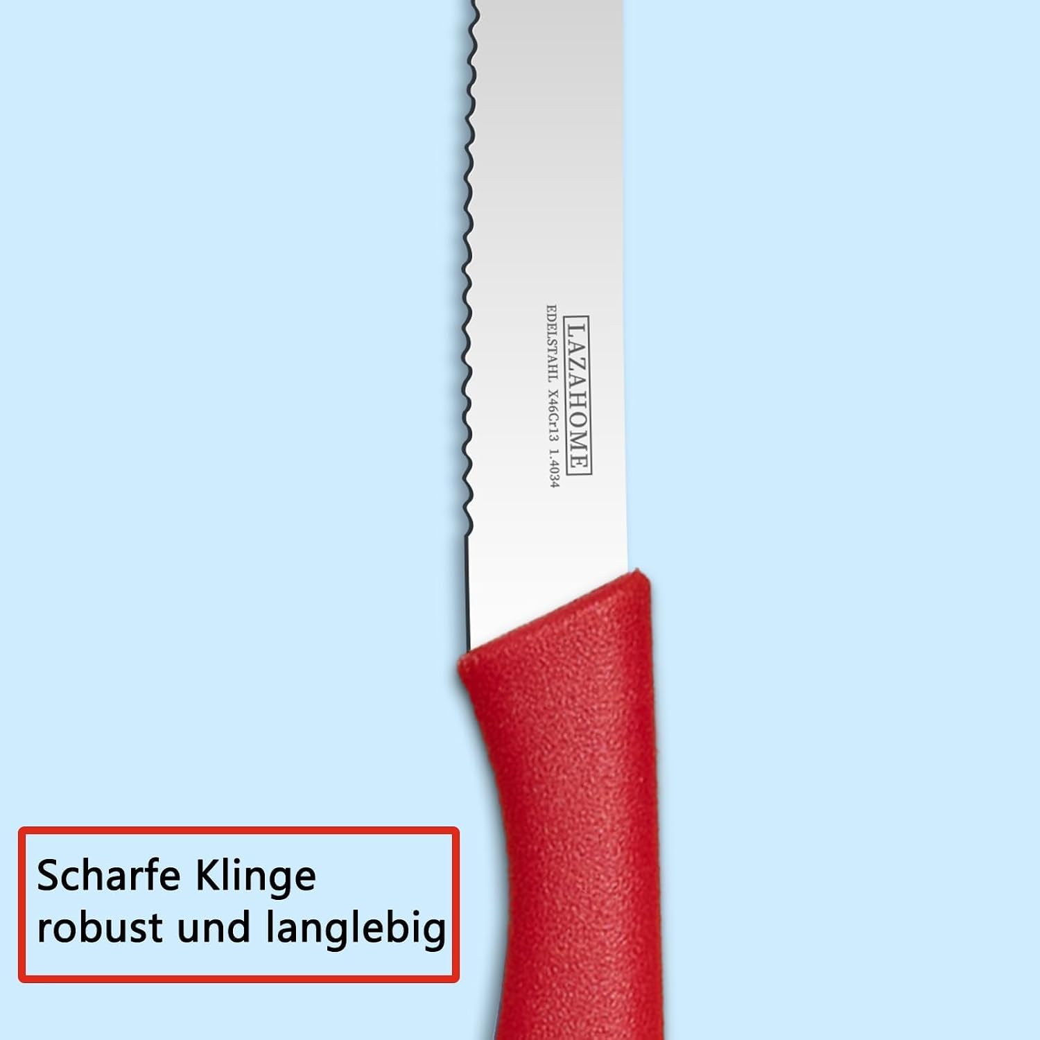 Detalle de LAZAHAOME Klassische Tafelmesser 6er-Set – Brötchenmesser mit roter, rostfreier Wellenschliff-Klinge, 23,2 cm, Kunststoffgriff