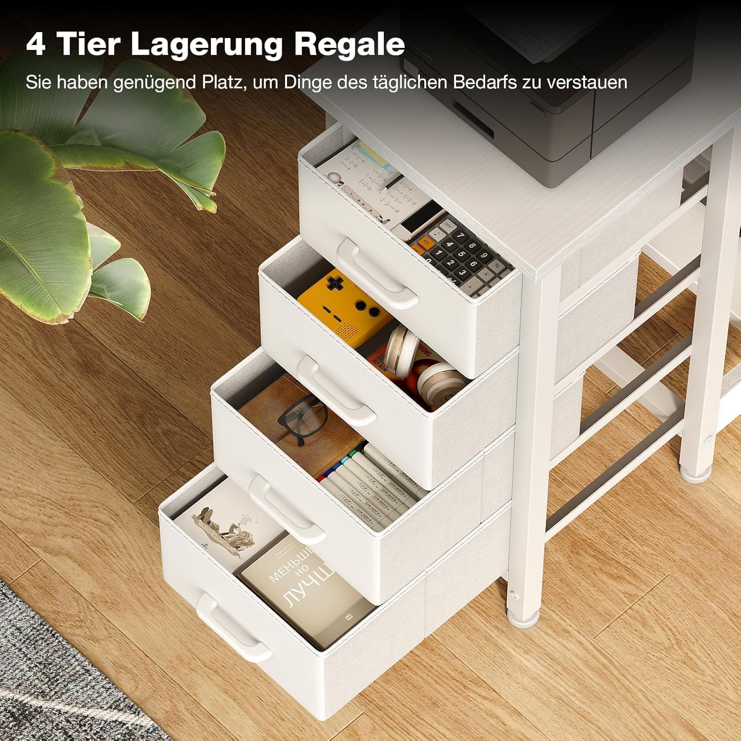 Thumbnail 5 de Coleshome Eckschreibtisch 120x70 cm – L‑Form mit 4 Stoffschubladen, links/rechts umkehrbar, Weiß