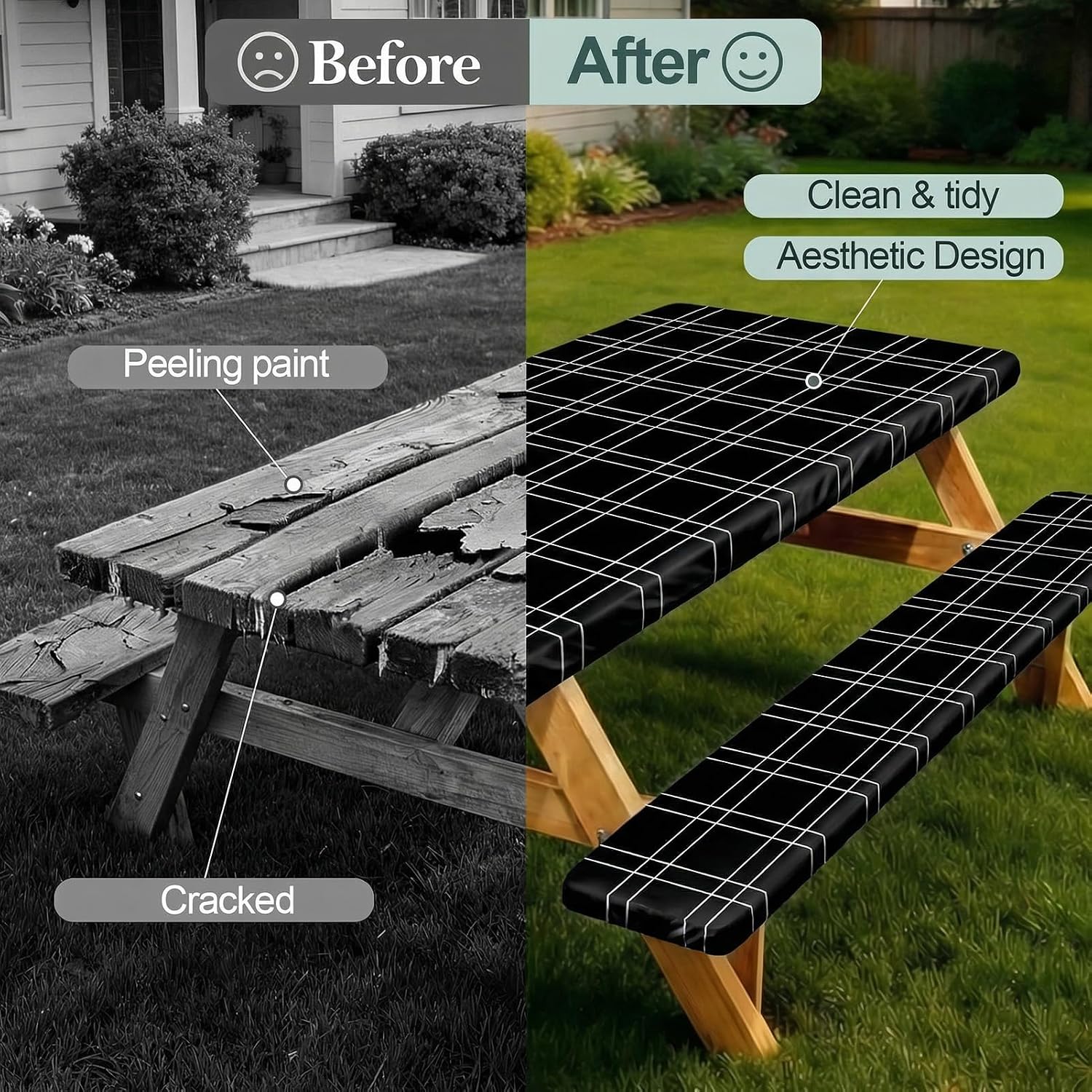 Thumbnail 1 de Picnic Table Cover with Bench Covers – Waterproof 72in Fitted Set for Standard 6-Ft Tables (Black Checkered)