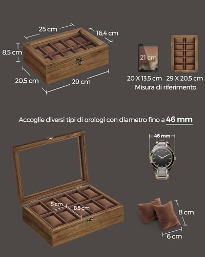 Detalle de SONGMICS Scatola per Orologi JOW100K01: portaorologi in legno con coperchio in vetro, 10 scomparti