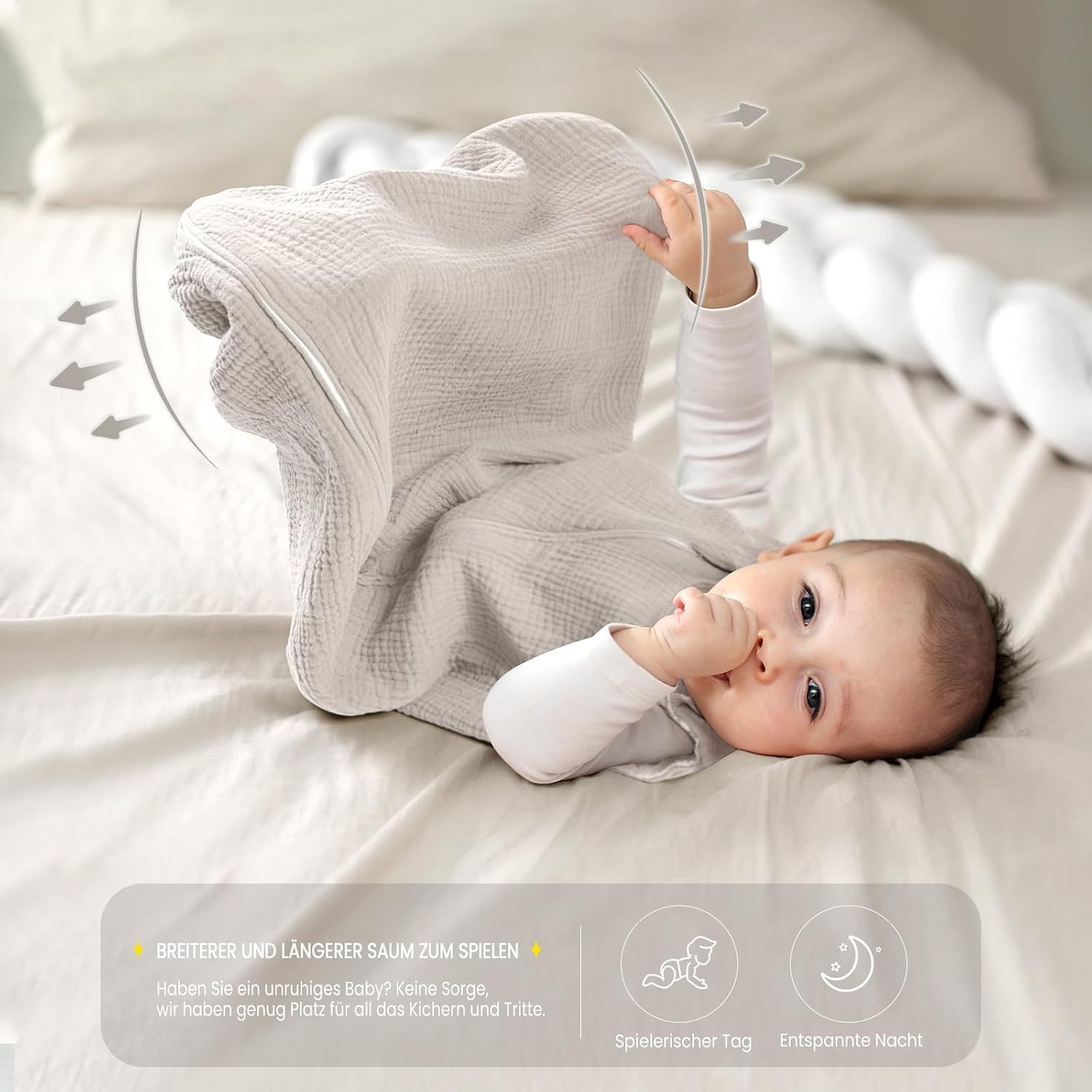 Detalle 2 de lulumoon Baby Schlafsack aus Musselin – Ganzjährig, 80–90 cm, 15–24 Monate