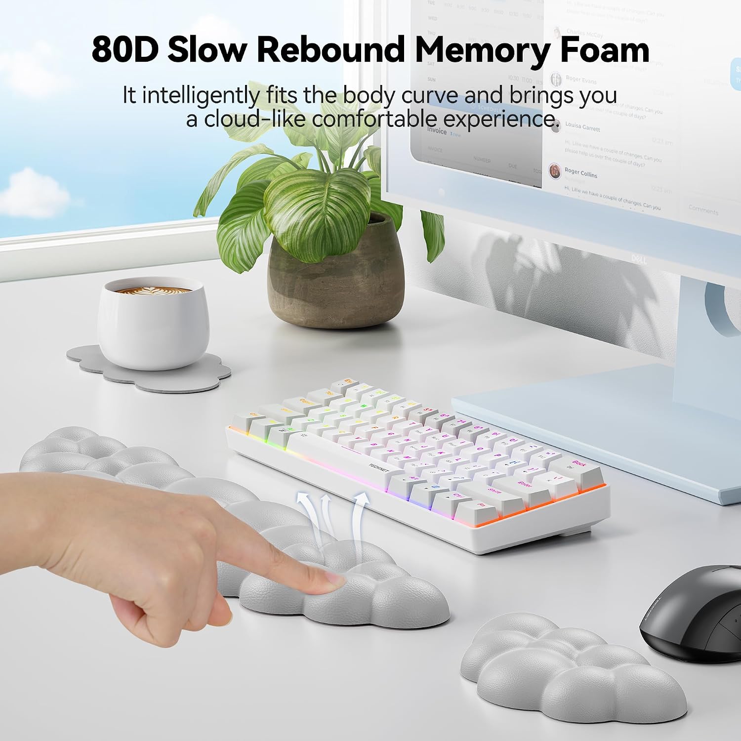 Detalle de TECKNET Cloud Keyboard Wrist Rest Set, Memory Foam, Gray PU Leather