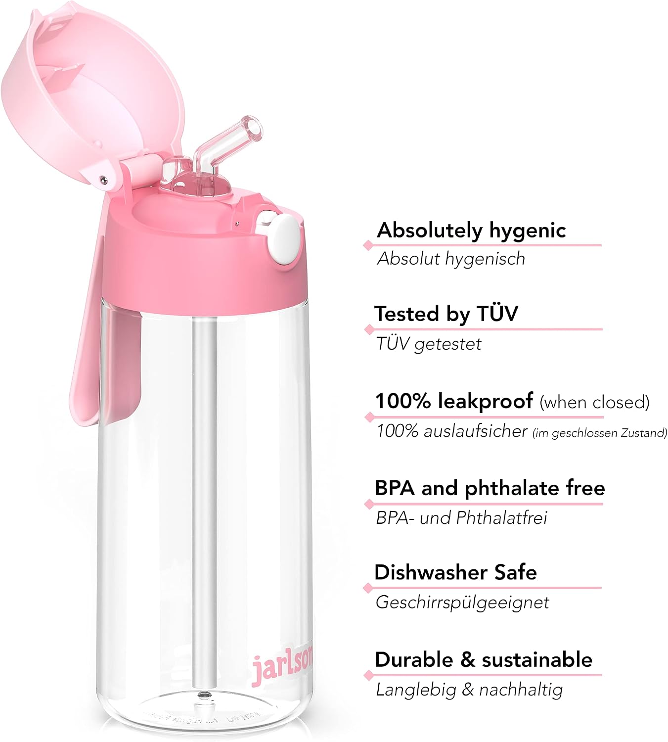 Thumbnail 2 de Jarlson Borraccia Bambini EMI 500ML Rosa Chiaro: borraccia in Tritan senza BPA con cannuccia, lavabile in lavastoviglie