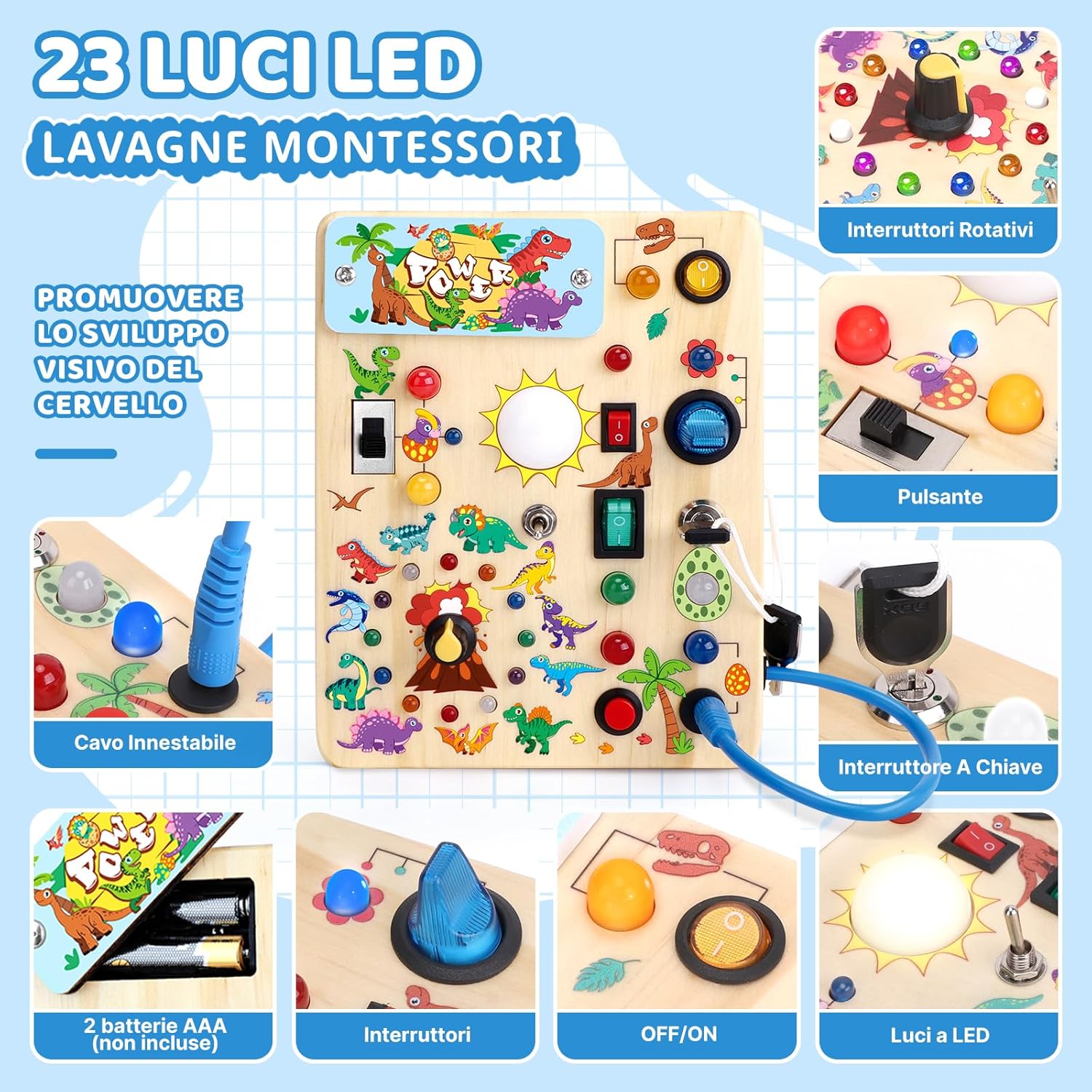 Thumbnail 1 de Konijiwa Dinosaur Busy Board Montessori in legno con 10 interruttori e 23 luci LED (da 1 anno)