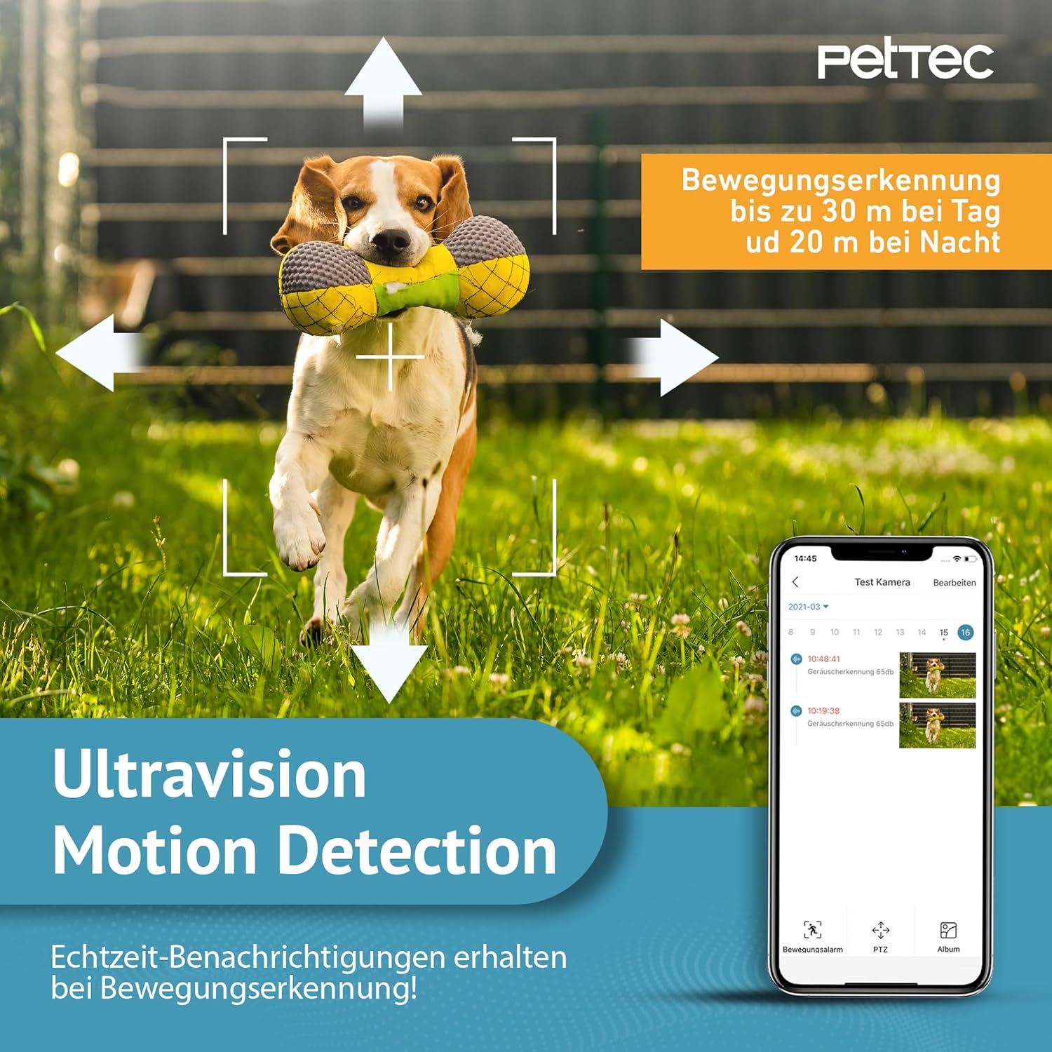 Detalle de PetTec Pet Cam Free'n 360 Überwachungskamera – Outdoor 3MP mit Akku, Pan&Tilt, Flutlicht und Sirene