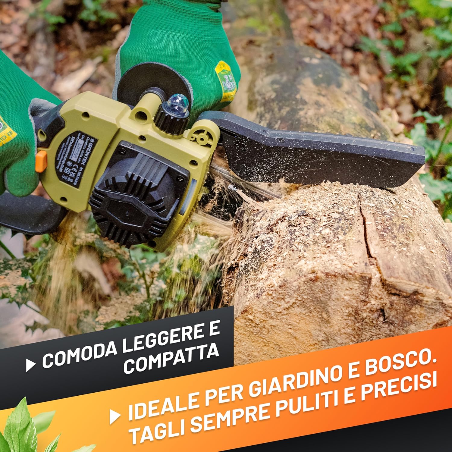 Detalle de GRÜNTEK Mini Motosega a Batteria 1050W: kit 2 batterie 21V, barre 6"/8" e accessori