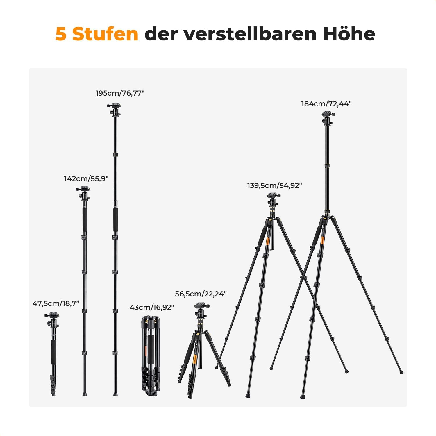 Thumbnail 4 de K&F CONCEPT Kamerastativ 184 cm – leicht, tragbar und vielseitig