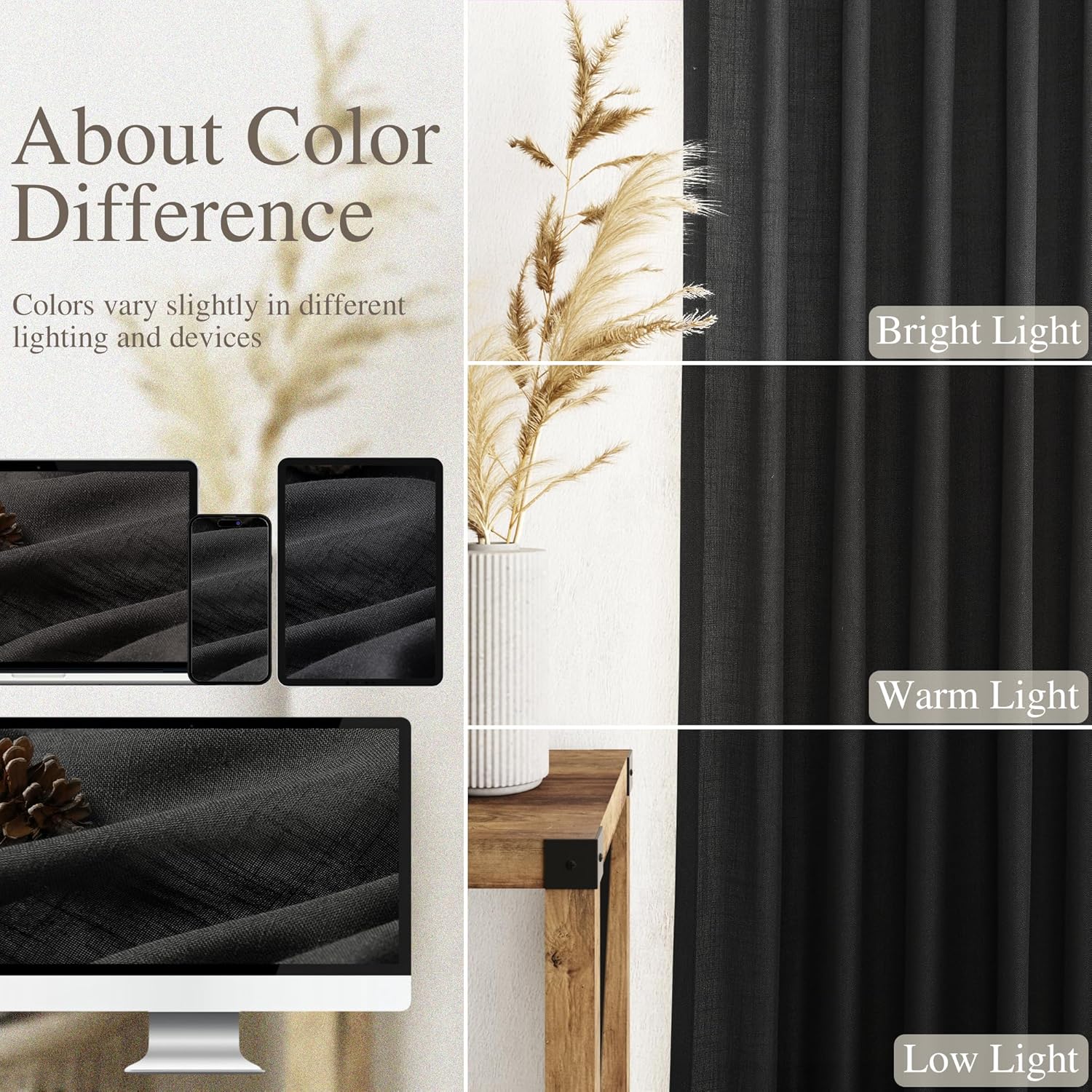 Thumbnail 3 de Black Linen Curtains 84 inches Long, 2 Panels – Back Tab, Light Filtering, Privacy, Linen Blend Gauze Drapes