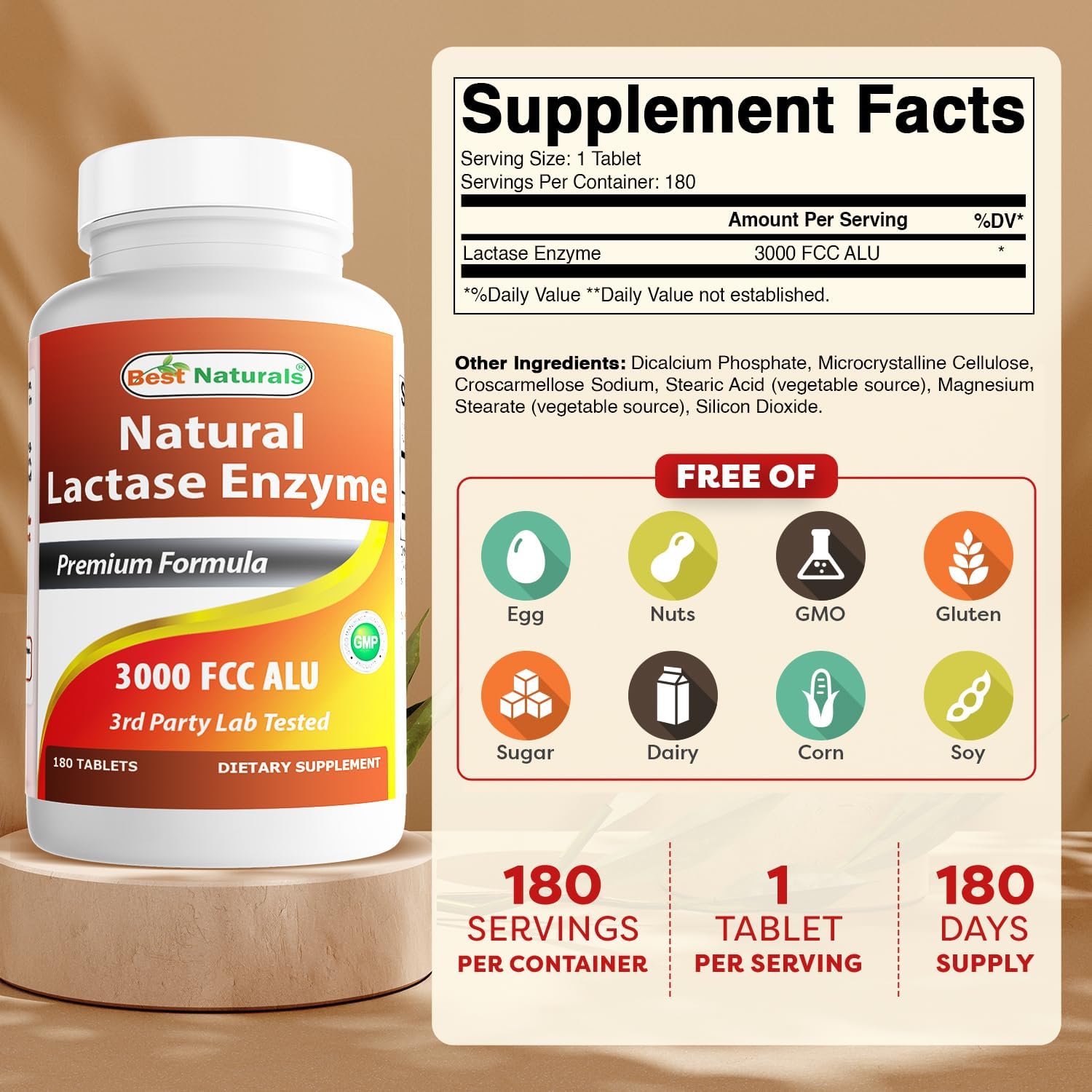 Detalle 2 de Best Naturals Lactase Enzyme Tablets, 3,000 FCC ALU