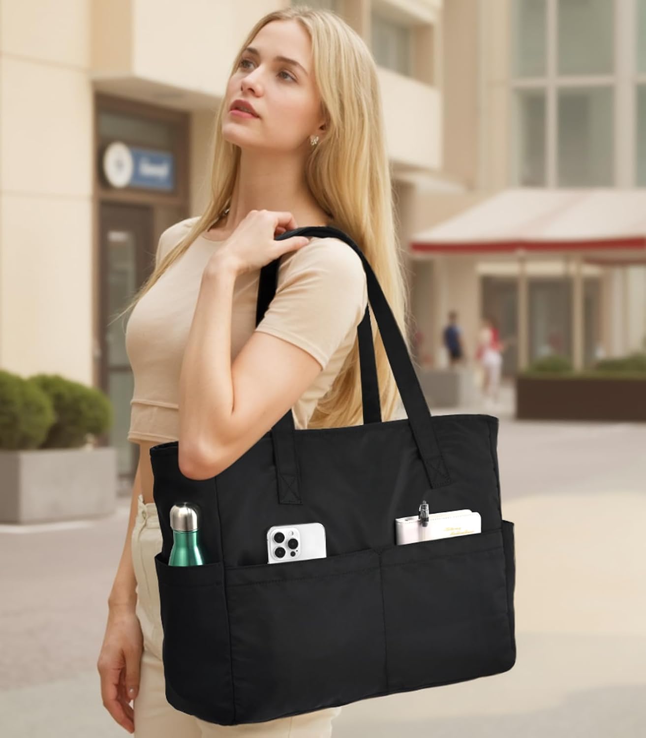 Detalle de oscaurt Tote Bag Shopper Tasche Damen mit 17 Zoll Laptopfach – wasserdicht, 24L, faltbar