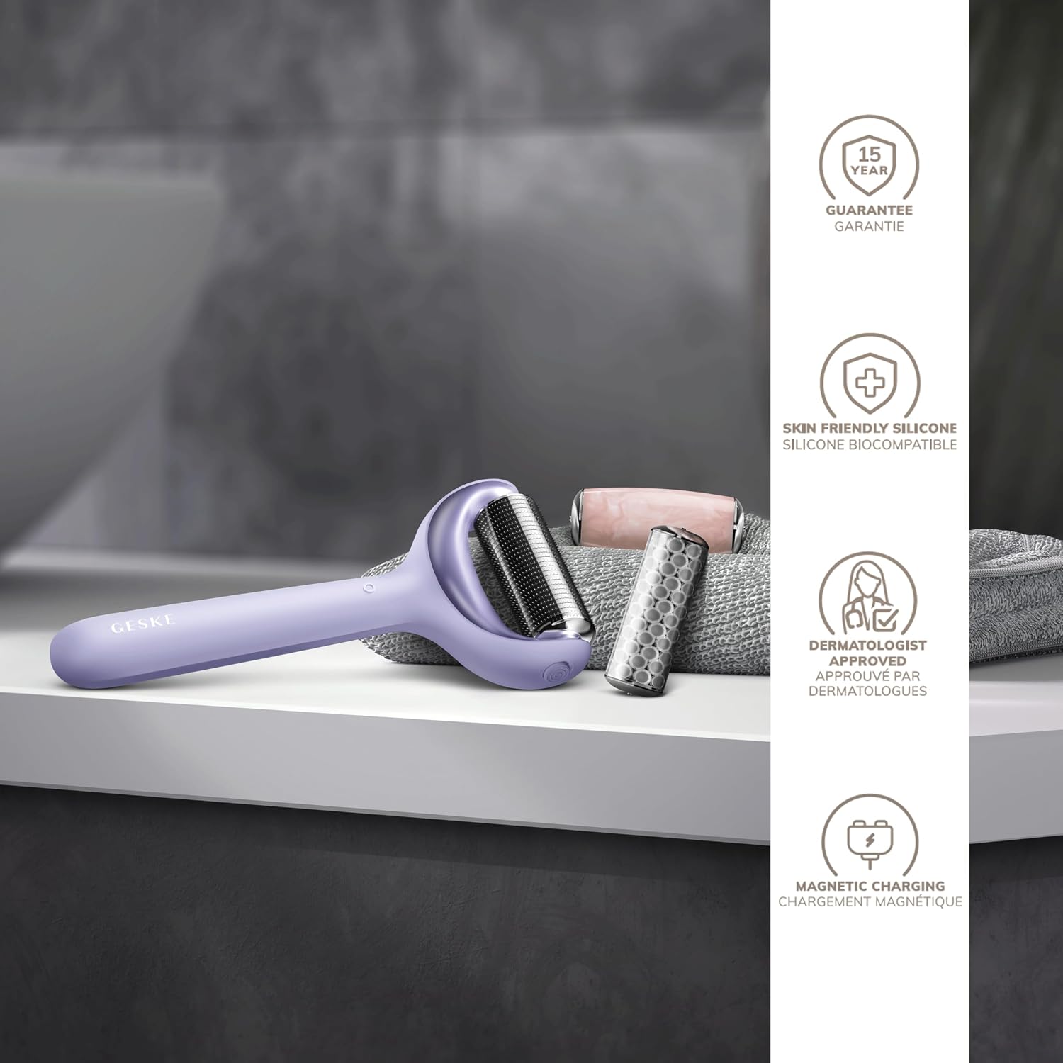 Detalle de GESKE SmartAppGuided MicroNeedle Face & Body Roller 9 en 1 – Quartz rose