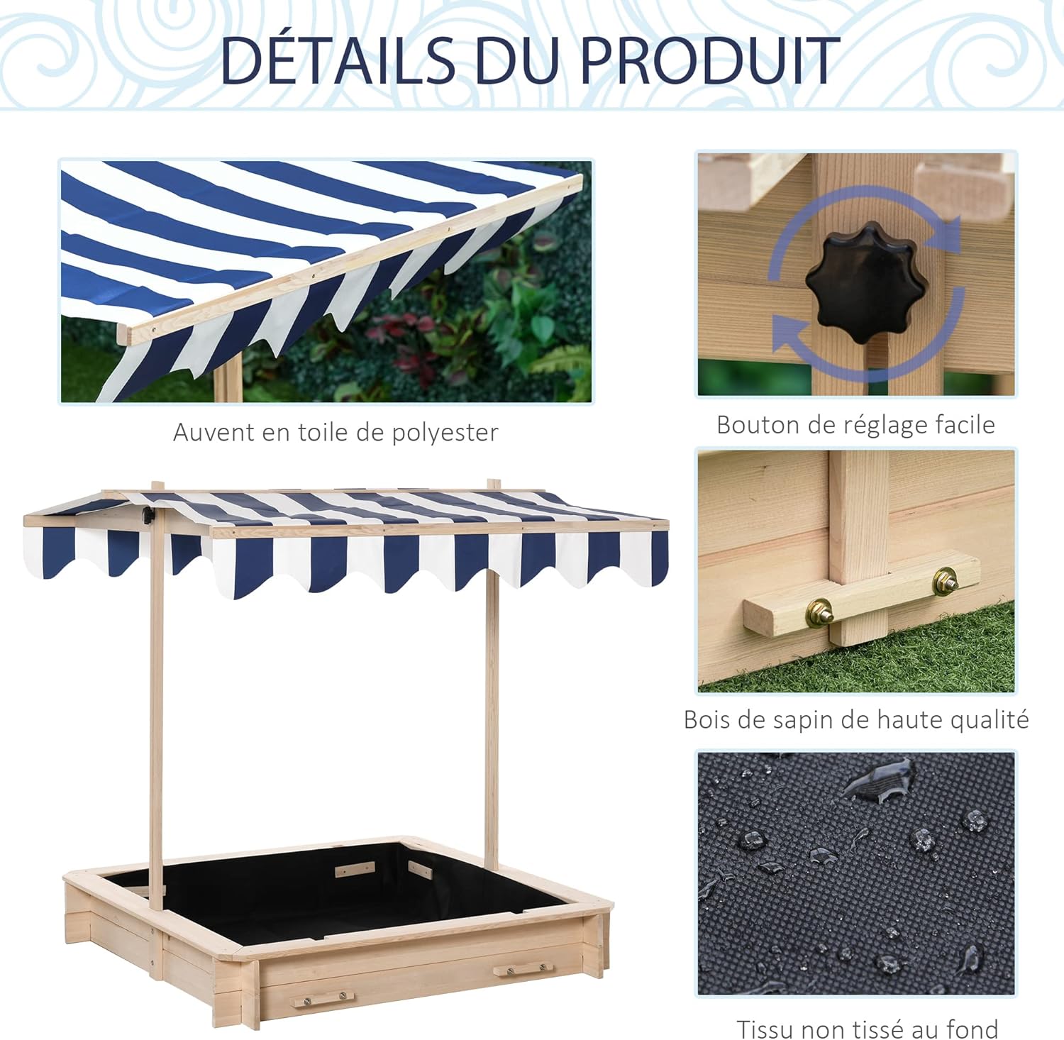Detalle de Outsunny bac à sable carré en bois pour enfants avec bancs et couvercle, auvent réglable