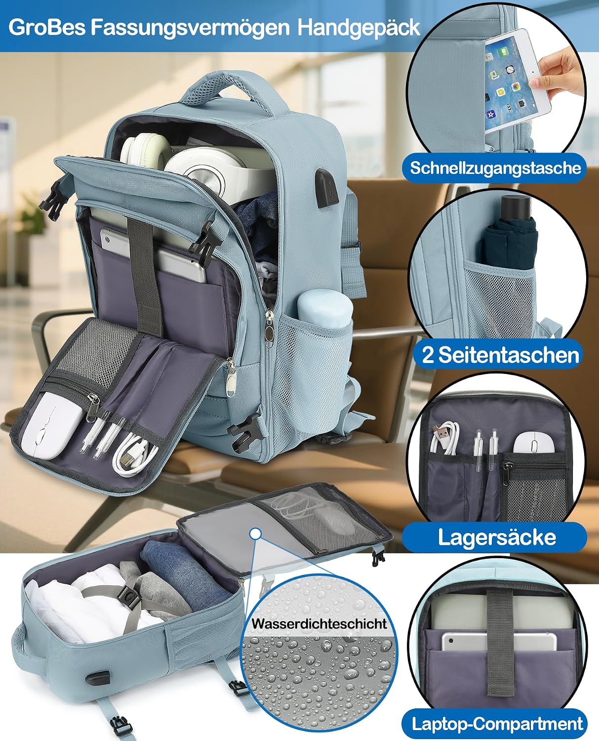 Detalle 2 de Handgepäck Rucksack 40x30x20 cm – 24L, Laptopfach, Grün