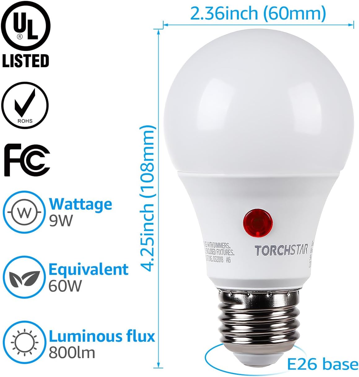 Detalle 1 de TORCHSTAR A-47563 Dusk-to-Dawn LED Bulbs, 4-Pack, 2700K, 800 Lumens