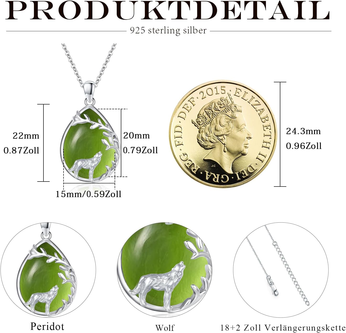 Detalle 2 de Wolf Kette Sterling Silber mit Wolf Anhänger – 925er Silber, Peridot, verstellbare Kette