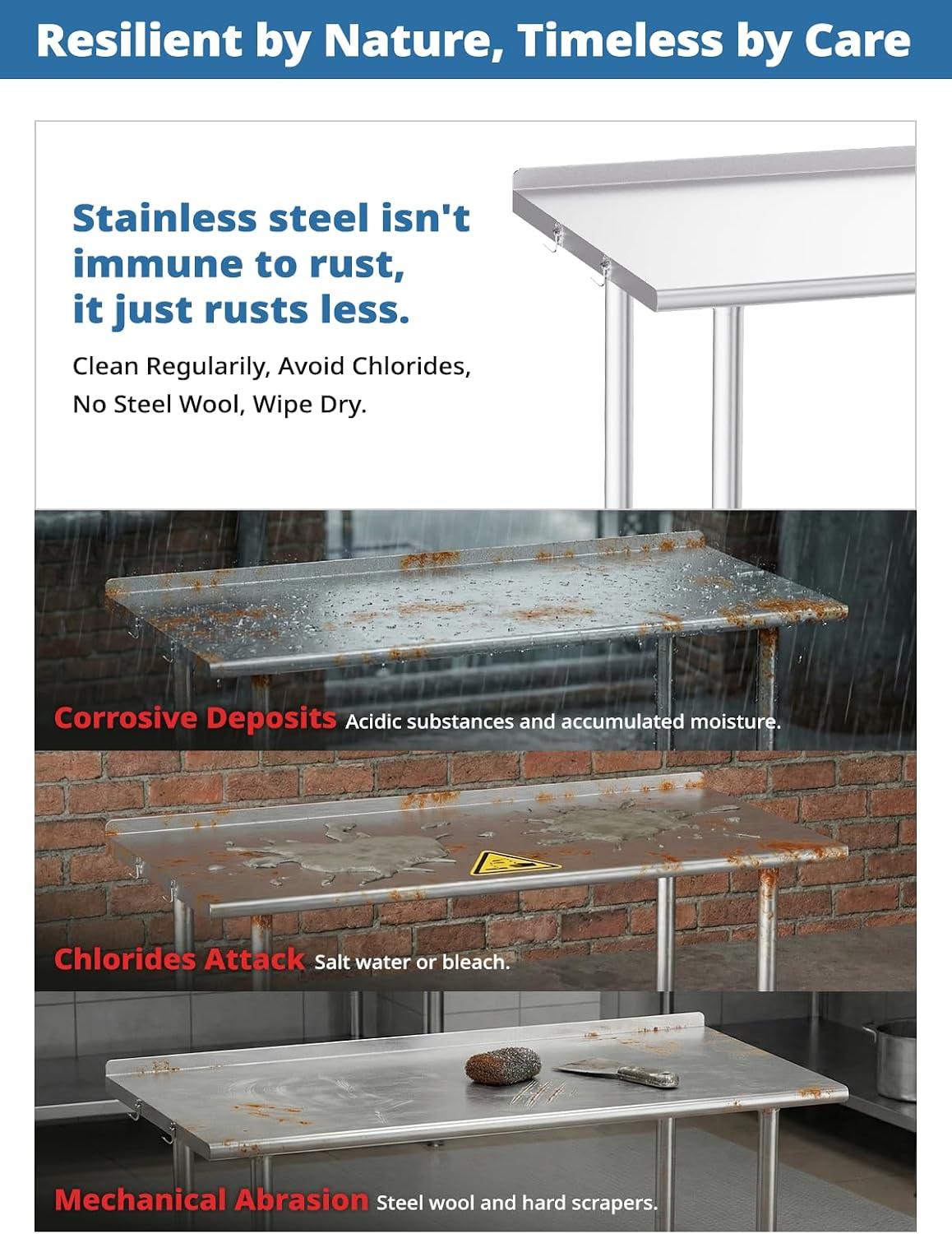Detalle de Atelicf All-Stainless Steel Prep Table, 30 x 36 Inch, Rounded Edges and Adjustable Undershelf