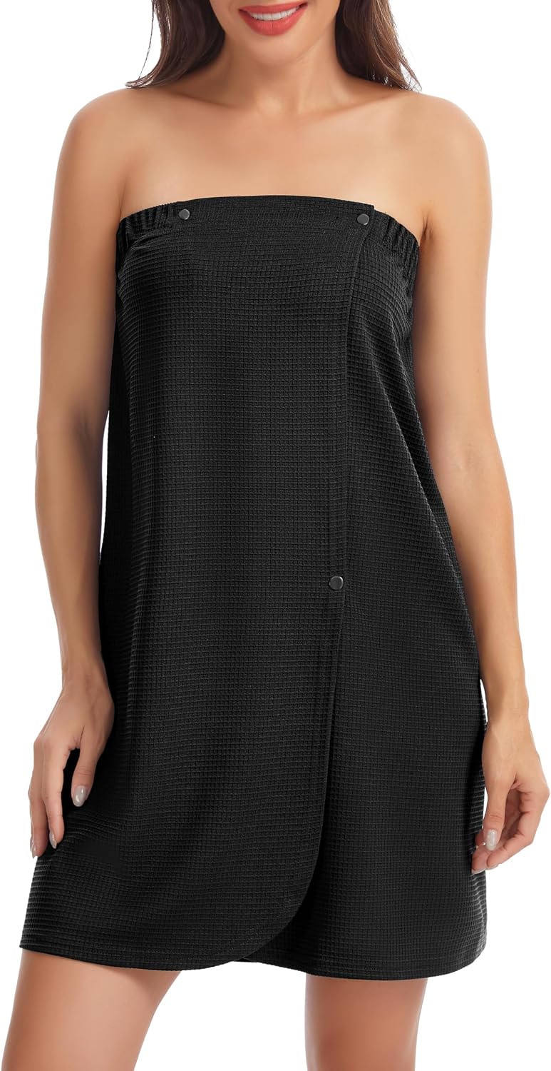 Detalle de Lovasy Robe Serviette de Bain Femme en Coton Nid d’Abeille — Peignoir enveloppant avec boutons réversibles