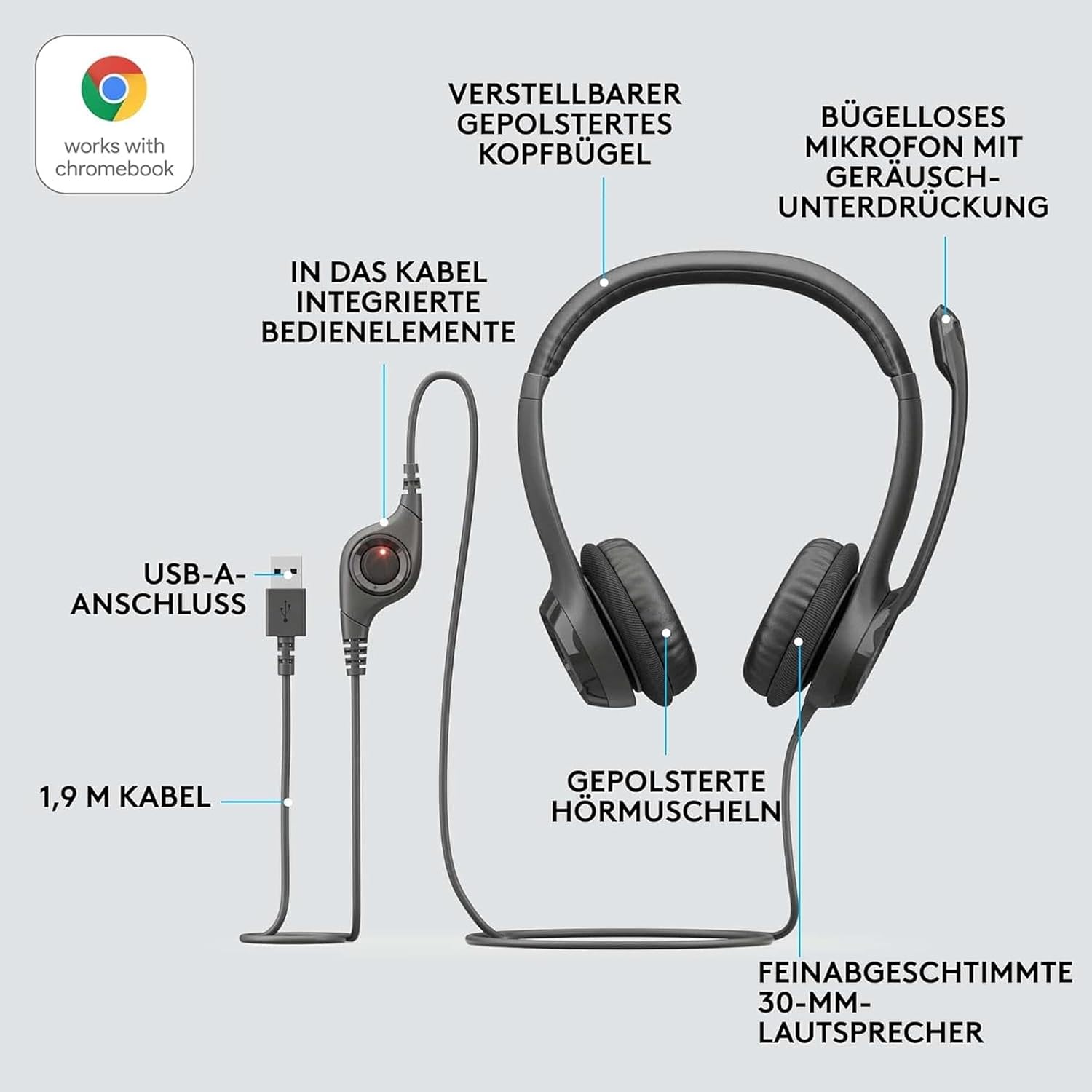 Thumbnail 6 de Logitech H390 Kopfhörer mit Mikrofon – USB-Headset für klare Gespräche und hohen Tragekomfort