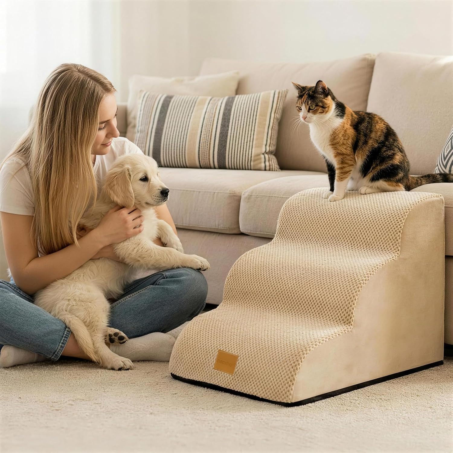 Thumbnail 6 de necvha Dog Steps for Bed (Premium 3-Step, Beige) — Non-Slip Foam Pet Ramp with Removable Plush Cover