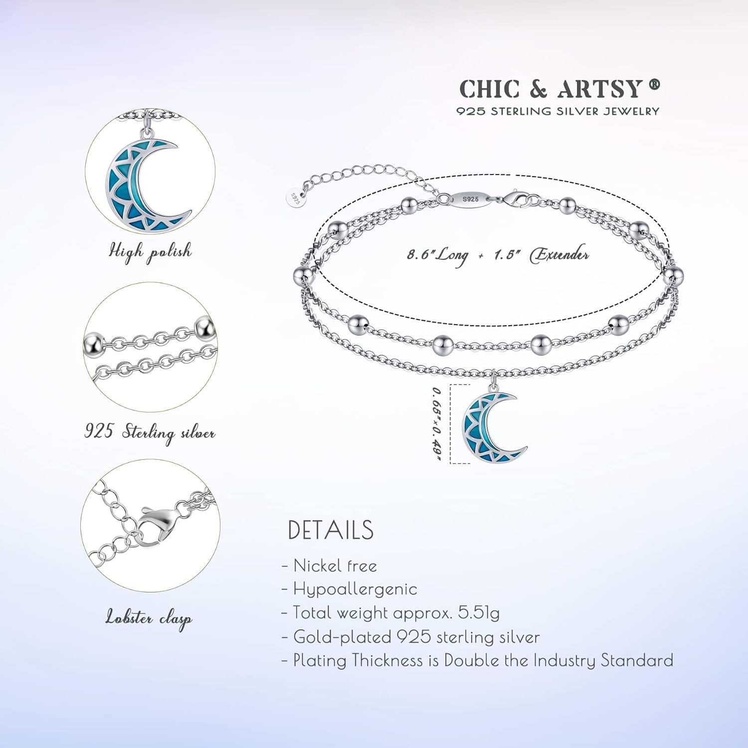 Thumbnail 4 de CHIC & ARTSY Fußkettchen 925 Sterling Silber – verstellbar, Opal-geschichtet, zierlich, mit Herz-Anhänger