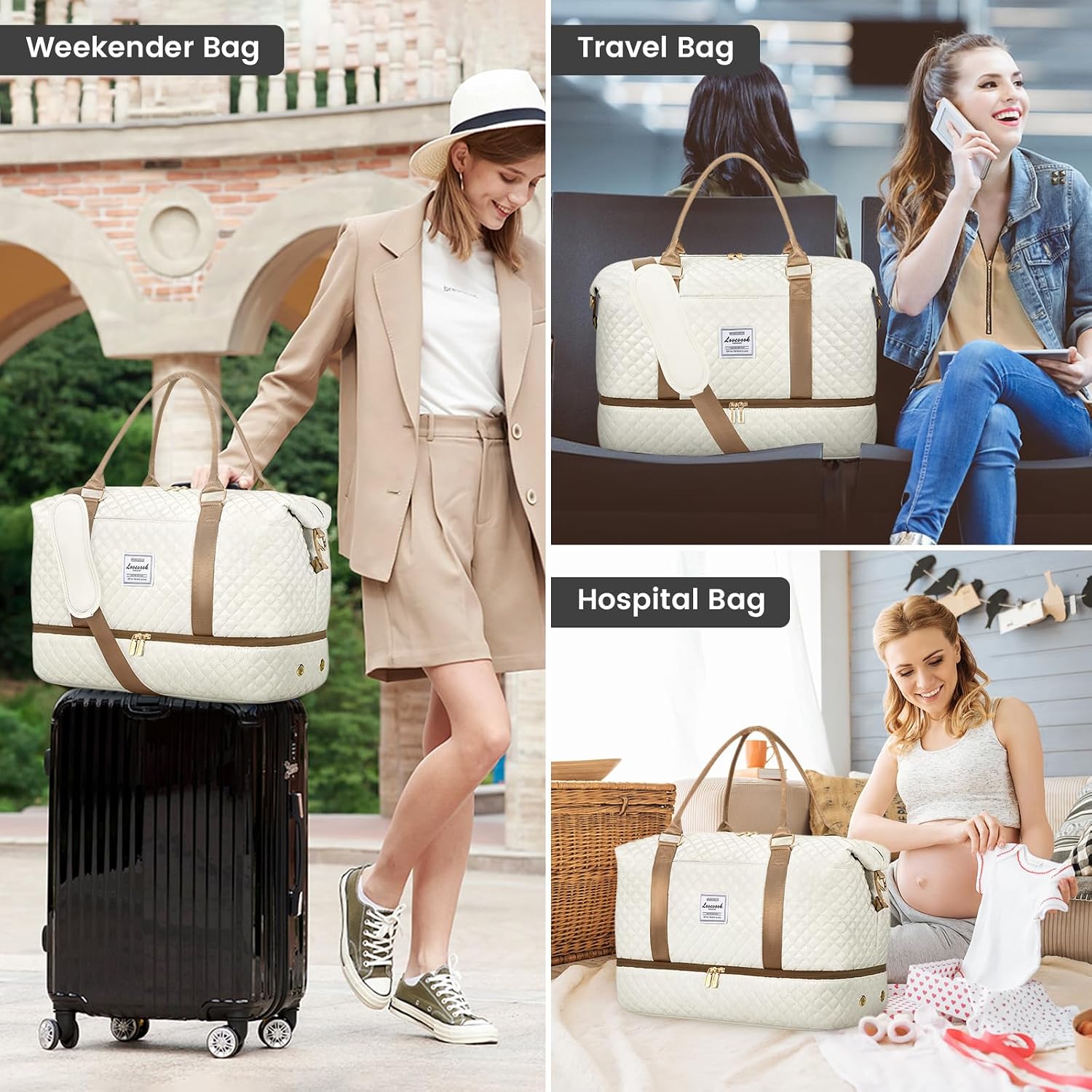 Detalle 2 de LOVEVOOK borsa da viaggio donna/duffel grande con organizer, scomparto scarpe e lavaggio separato