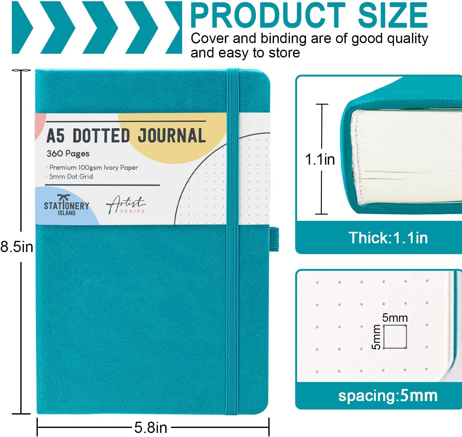 Detalle de STATIONERY ISLAND Bullet Dotted Journal A5 – thick 100gsm notebook with pen holder, inner pocket & 2 bookmarks