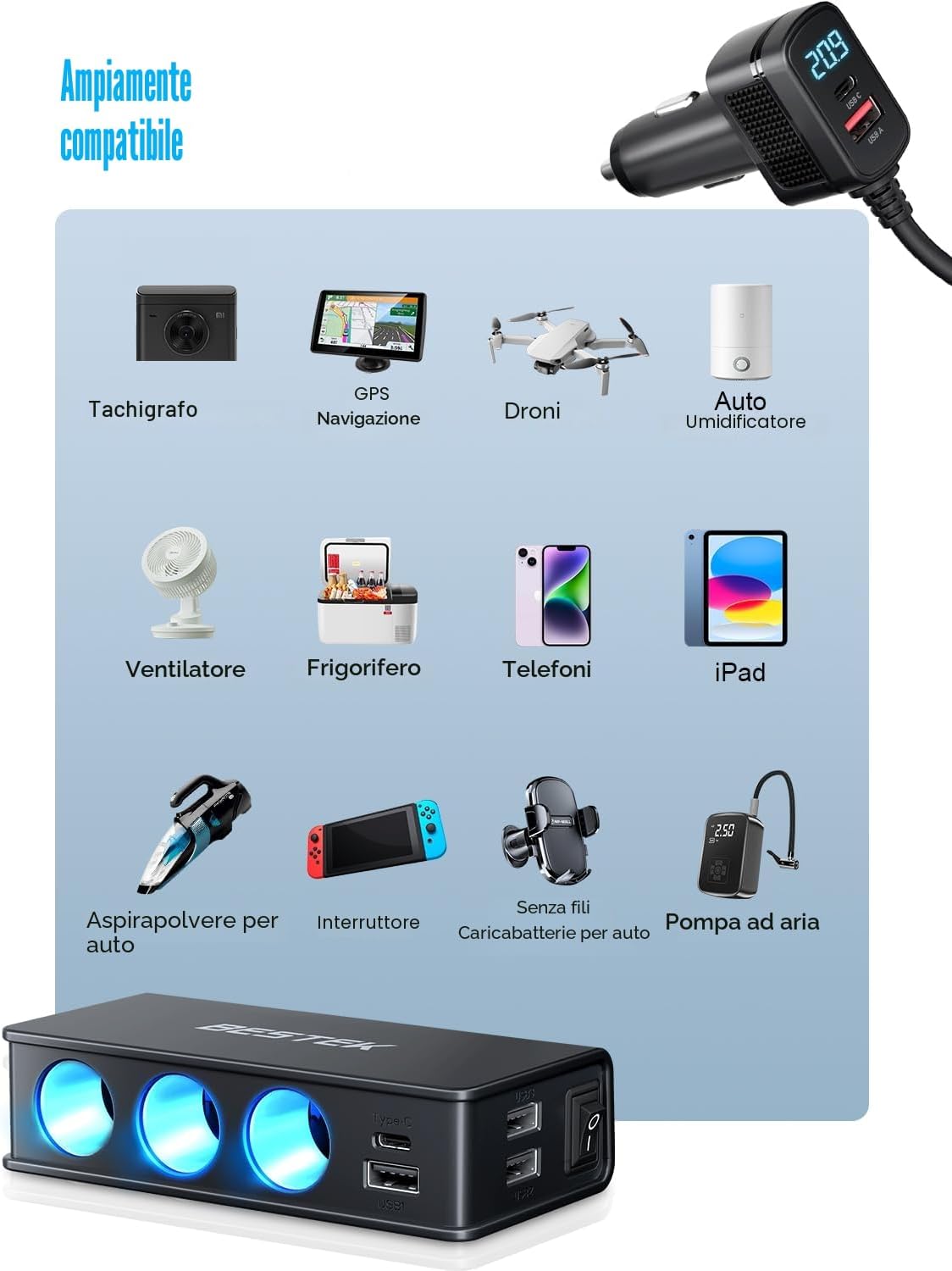Thumbnail 6 de BESTEK Caricatore Auto 180W 9in1 USB-C PD QC3.0