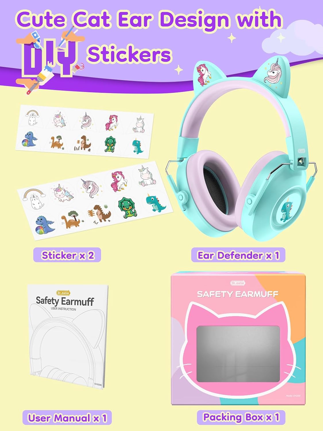 Thumbnail 5 de Dr.meter Cuffie antirumore per bambini – SNR 32 dB, con orecchie di gatto, verde lago