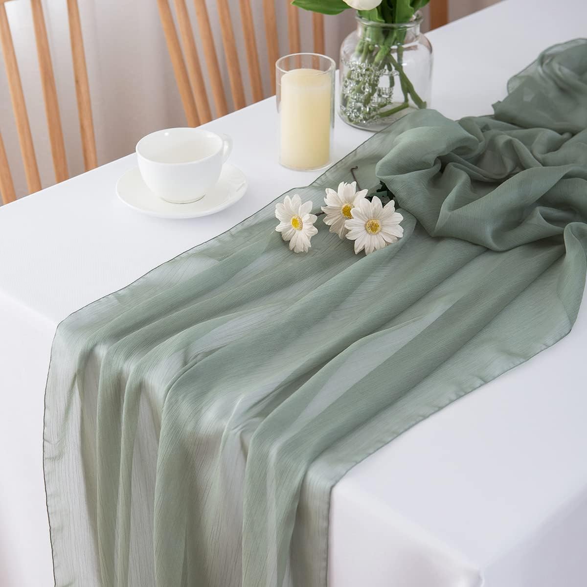 Thumbnail 6 de CHUQING Chiffon-Tischläufer salbeigrün 70 x 300 cm für Hochzeit, Events & Deko