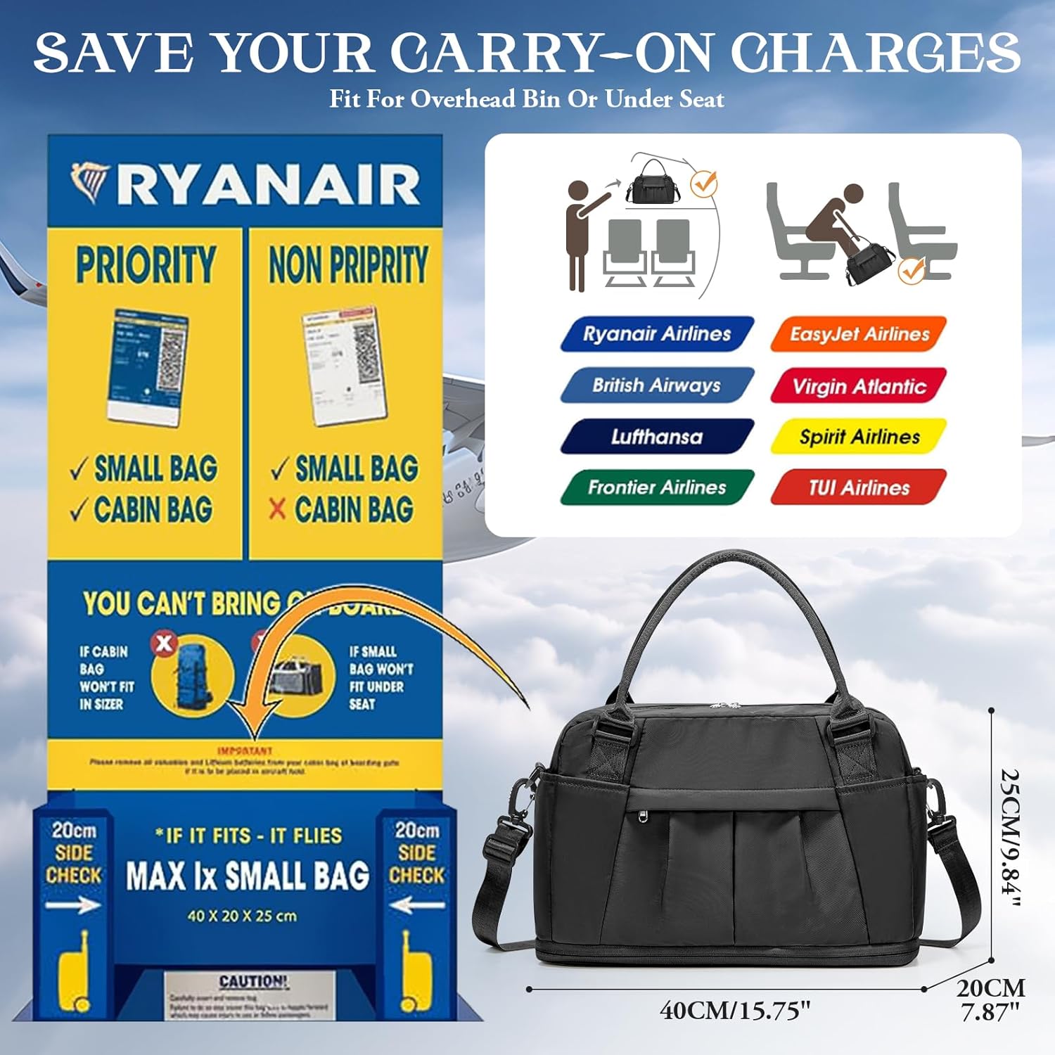 Thumbnail 1 de Ryanair Underseat Cabin Bag with Expansion, Wet Pocket and Shoe Compartment (40x30x20 cm)
