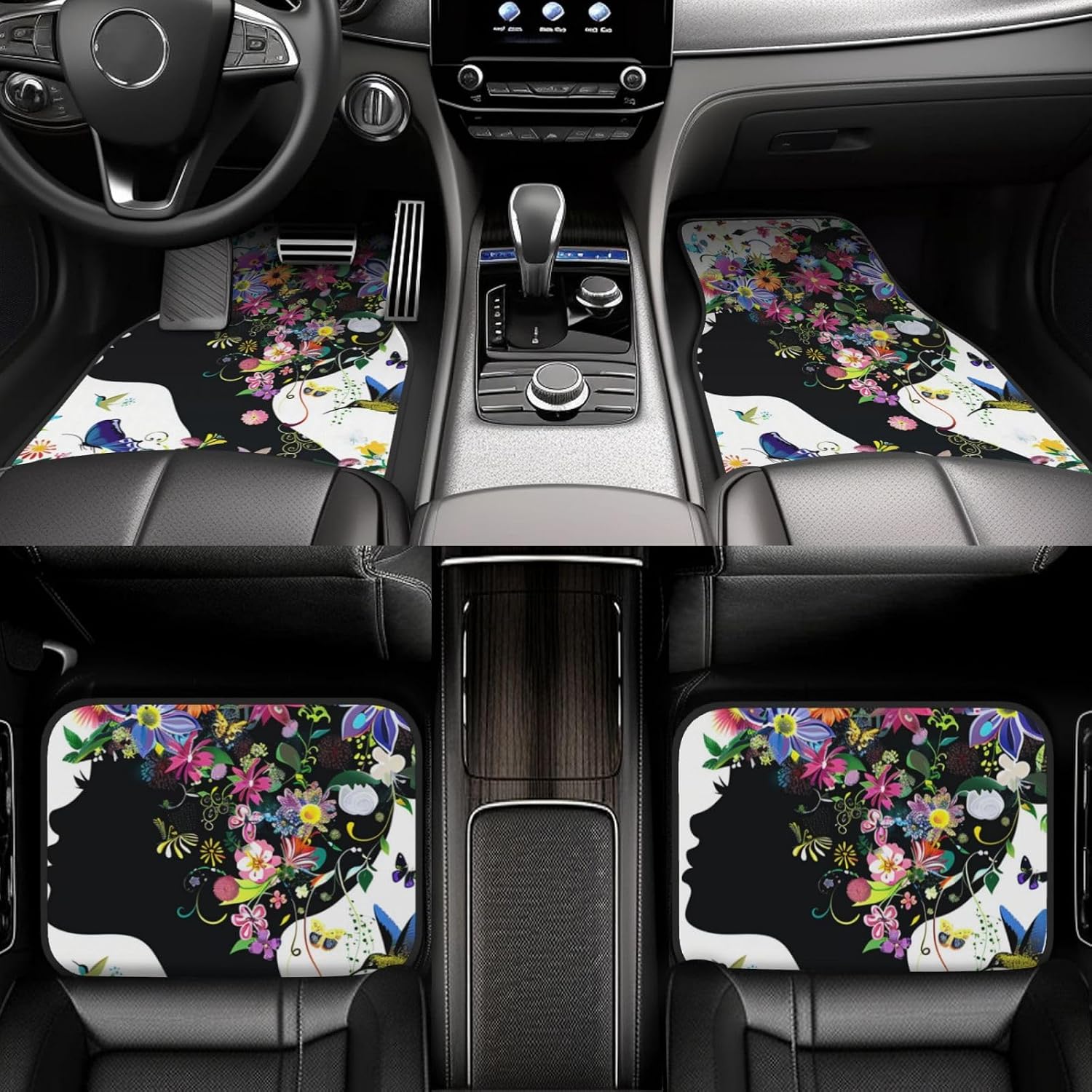 Thumbnail 6 de Car Floor Mats Set of 4pcs – Fashion Girl Silhouette with Colourful Floral Hairstyle Car Carpet