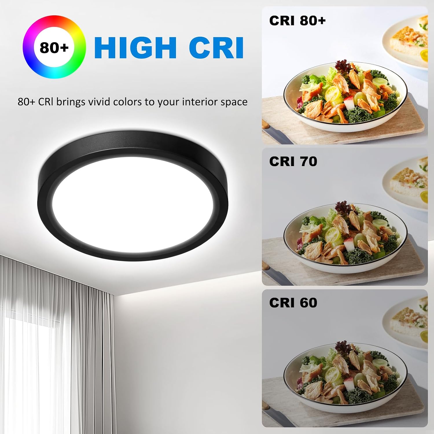 Detalle de Befurglor LED Ceiling Lights 15W, 1500LM Daylight White – 2 Pack, Black, IP44 Bathroom-Friendly Flush Mount