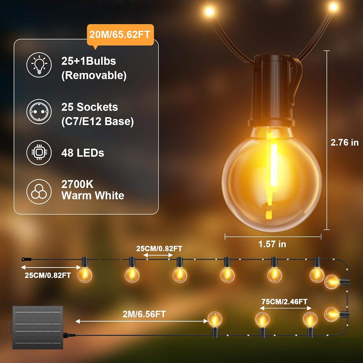 Thumbnail 6 de Catena Luminosa Solare per Esterno 20m 25+1 G40 – Luci LED IP44 per Giardino e Terrazza