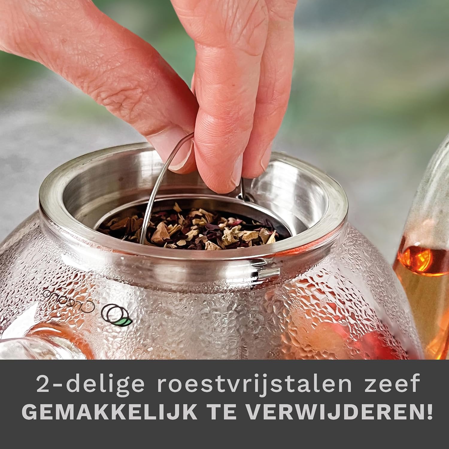 Detalle 1 de Creano 298 glazen theepot 1,5 liter met zeef, glazen deksel en druppelvrije schenktuit
