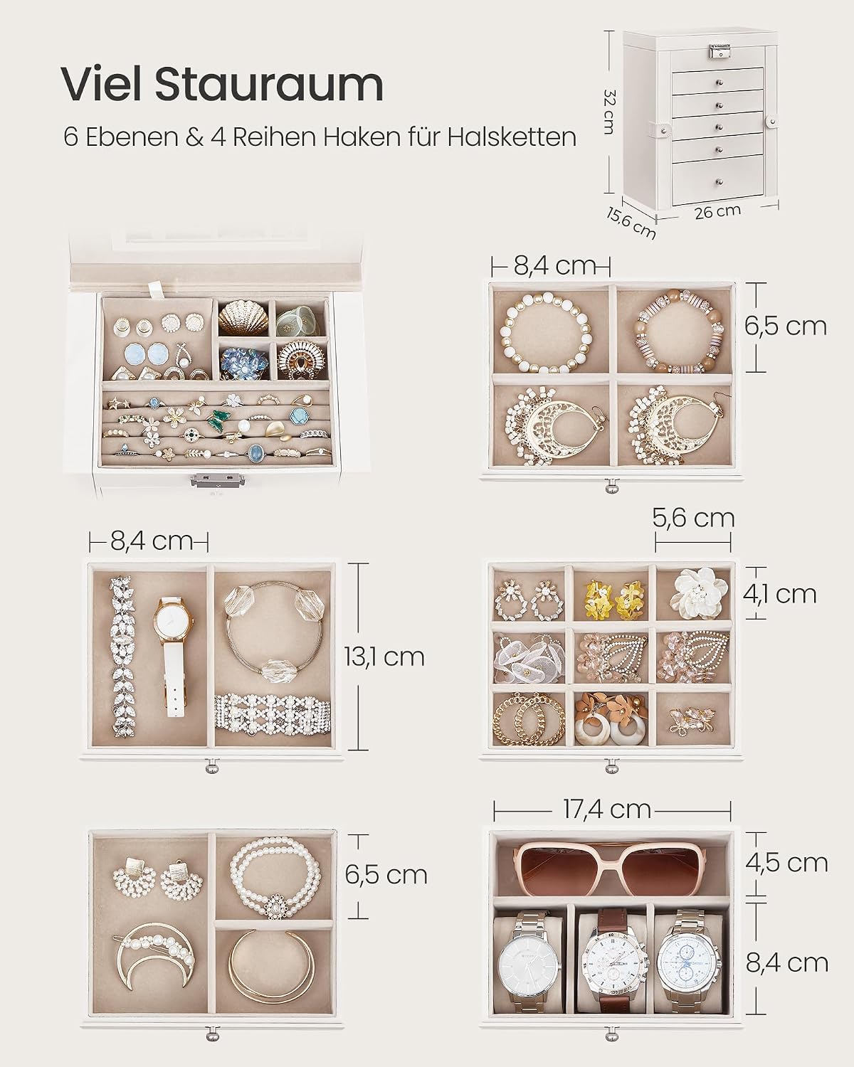 Detalle de SONGMICS Schmuckkästchen 6 Ebenen, 5 Schubladen, abschließbar