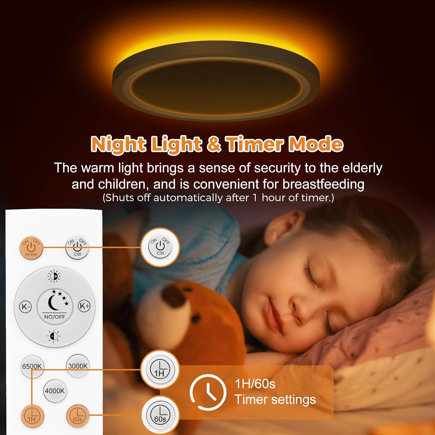 Thumbnail 1 de slochi LED Deckenleuchte, 22 cm, 15W, 1500 lm – dimmbar mit Fernbedienung, Nachtlicht 1800K, RGB-ähnliche Anpassung von 3000K bis 6500K