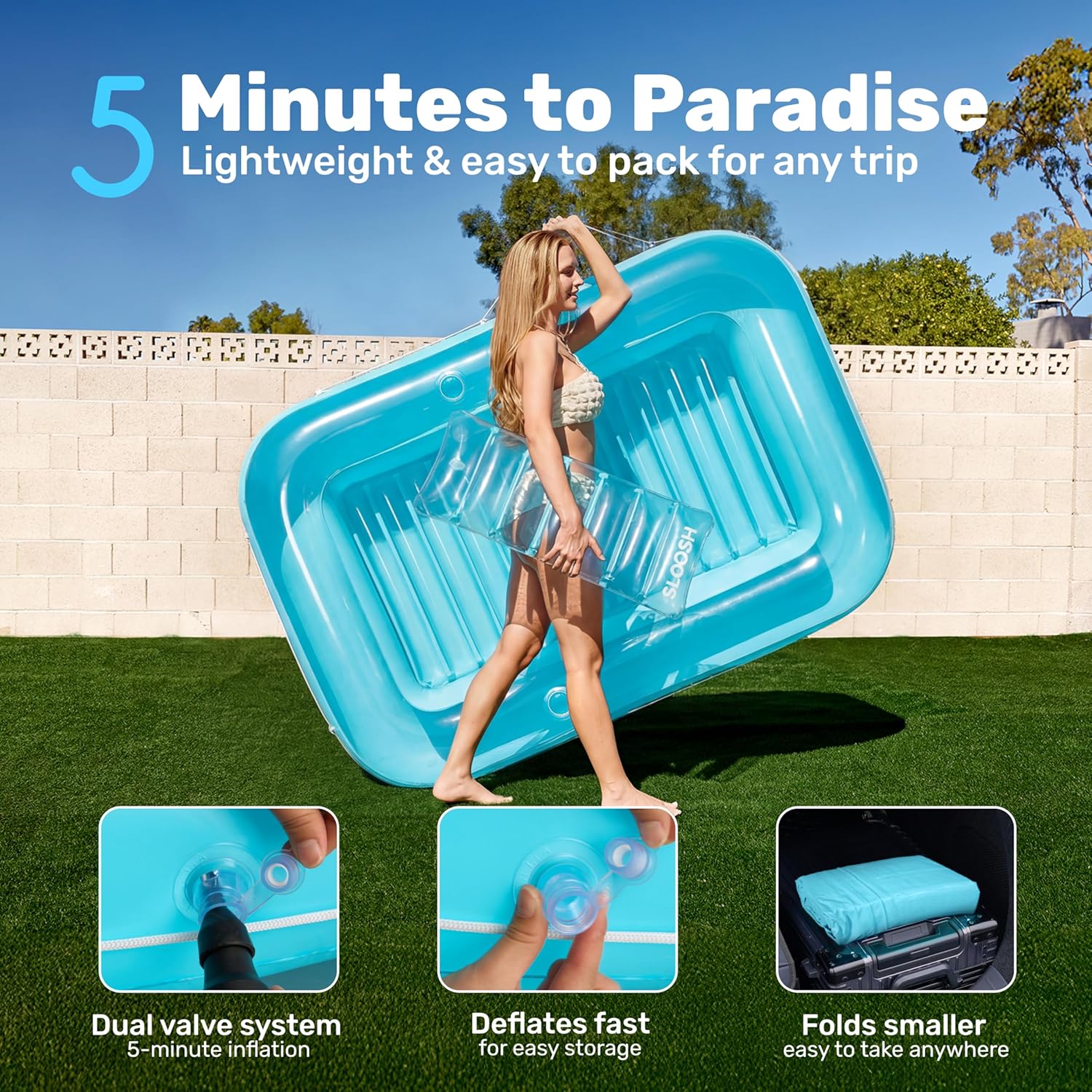 Thumbnail 5 de SLOOSH Inflatable Tanning Pool Lounger Float (70" x 46") with Removable Pillow, L-Blue