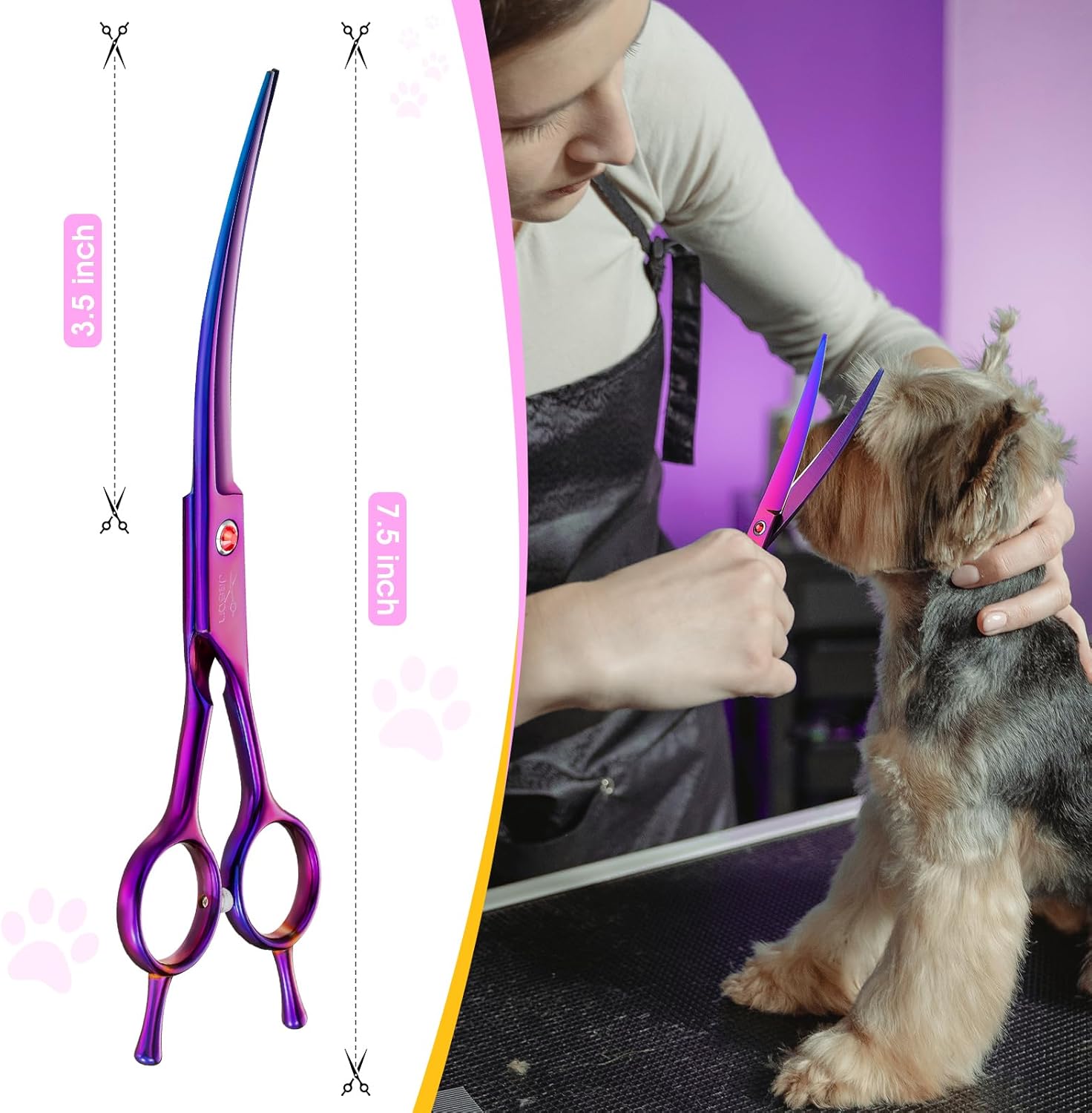 Detalle de Ciseaux professionnels courbes JASON 7,5" pour chiens et chats – violet