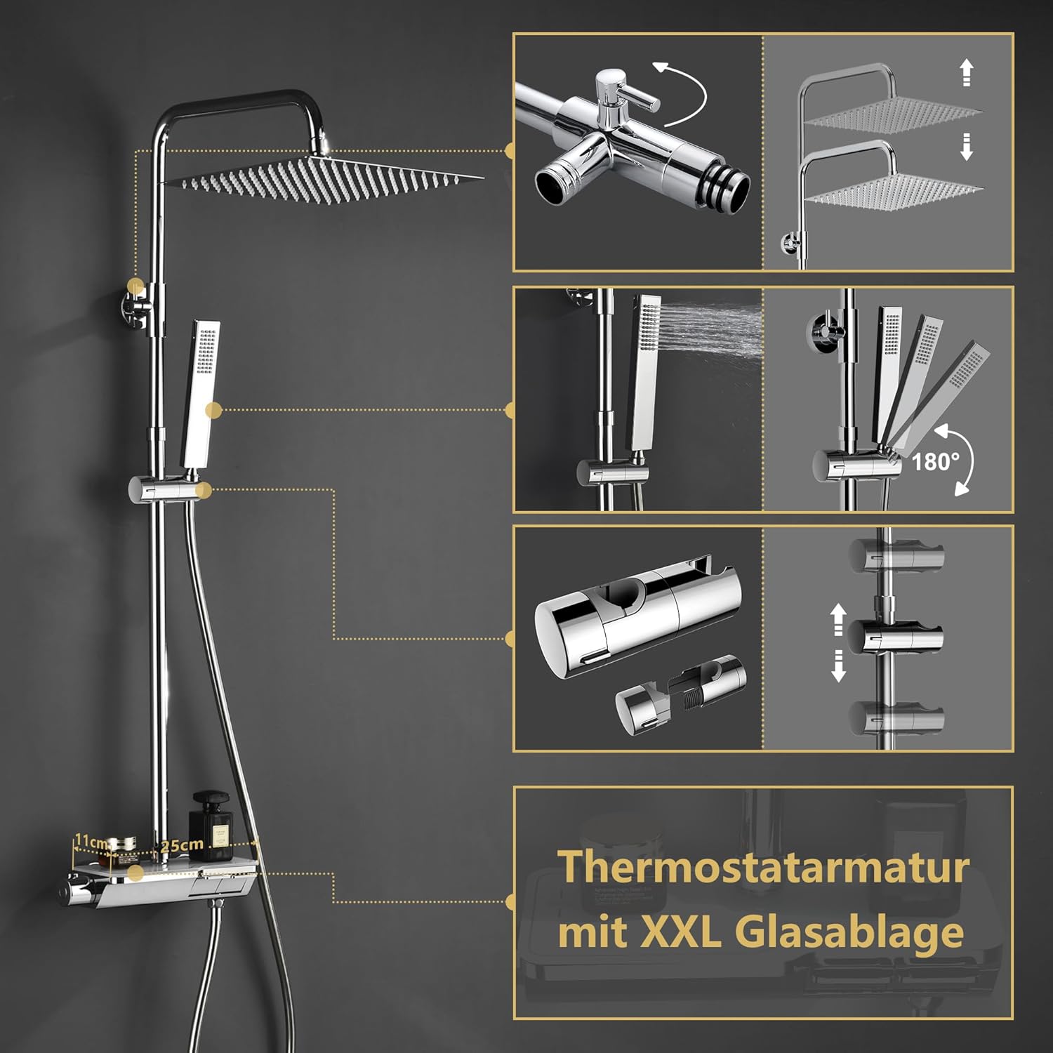 Detalle de Görbach Kit Doccia con termostatico in acciaio INOX 304 e soffione a pioggia cromato