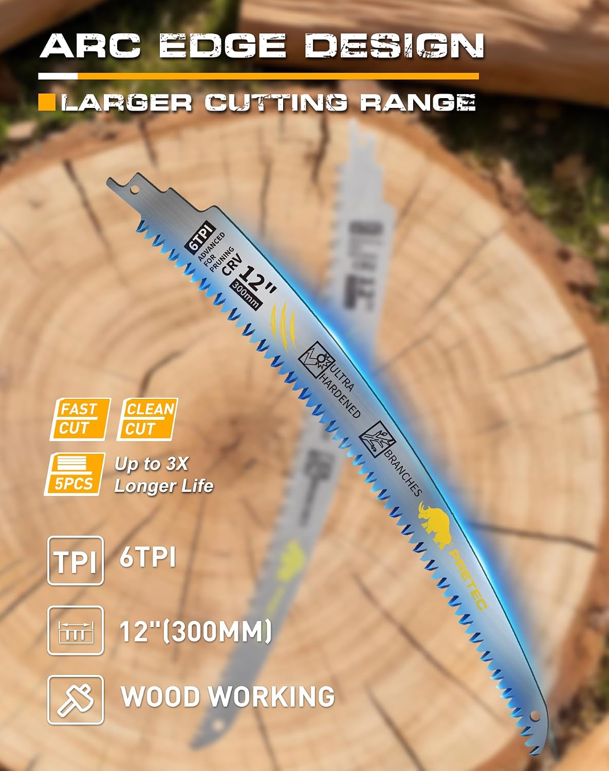 Detalle 2 de PRETEC B1-DE-12IN-WMJT-5PCS 12-Inch 6TPI Arc Edge Reciprocating Saw Blades, 5-Pack