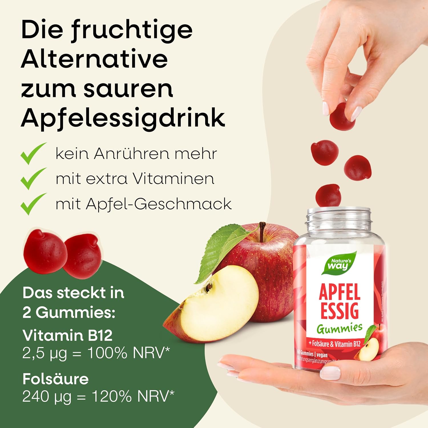 Detalle de Apfelessig Gummies mit 1.000 mg Apfelessig-Komplex, Vitamin B12 & Folsäure – vegane Gummibärchen (60 Stk)