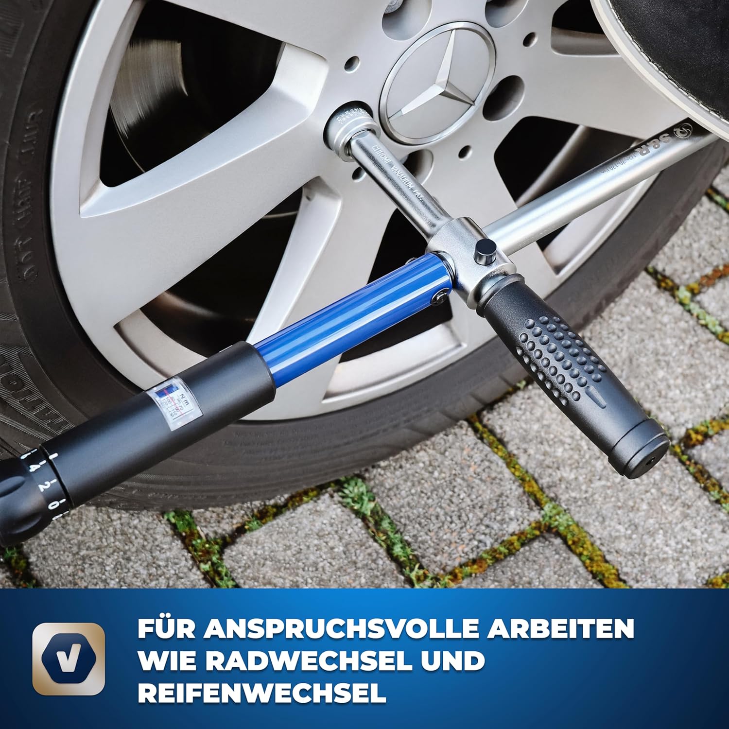 Detalle de S&R Kreuz-Drehmomentschlüssel-Set 1/2 Zoll (70–170 Nm) mit 3 Stecknüssen 17/19/21 mm im Koffer