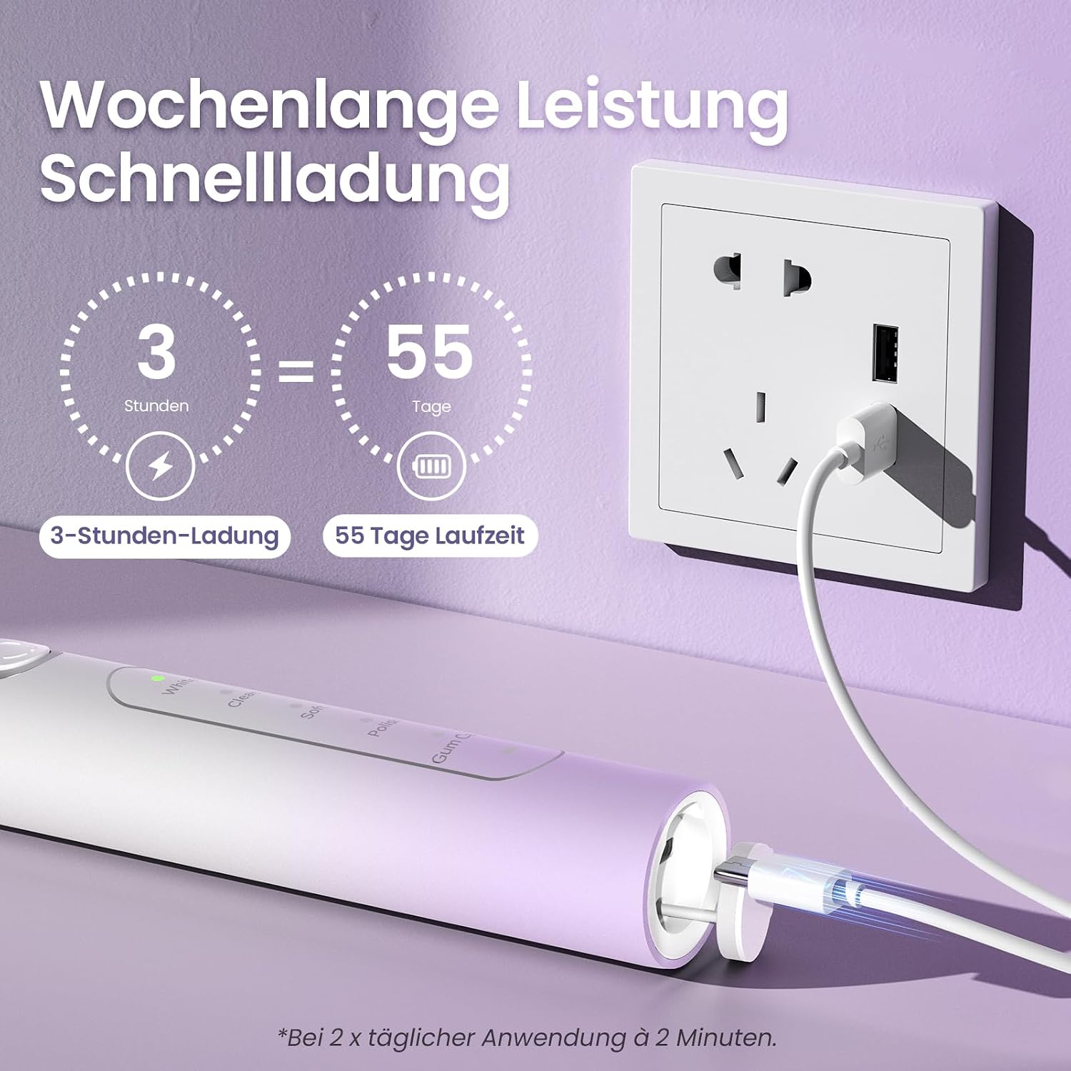 Thumbnail 3 de YUNCHI C2 Elektrische Zahnbürste mit 40.000 VPM, Schallzahnbürste, USB‑C, 5 Modi & Reiseetui (lila/weiß)