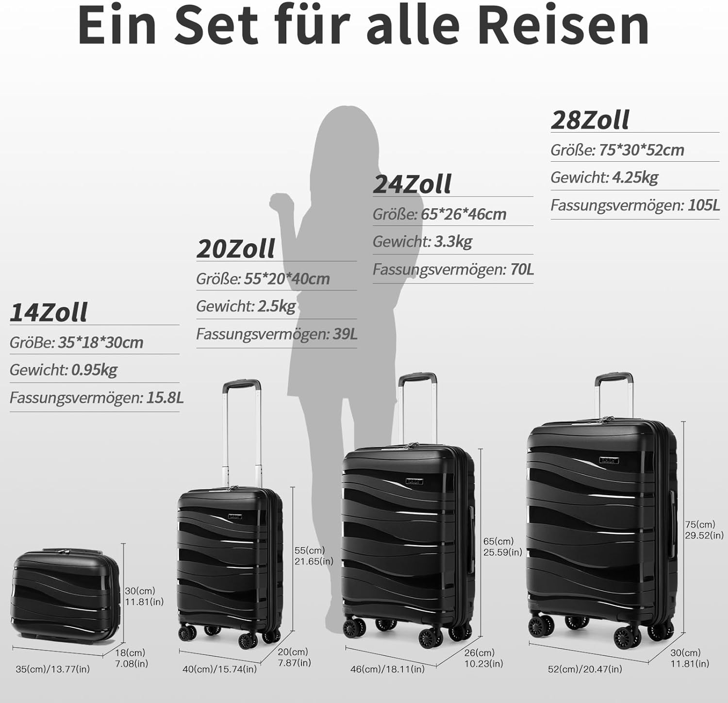 Detalle 2 de KONO Mittelgroßer Koffer 65 cm – Leichtes Polypropylen-Hartschalenreisekoffer mit TSA-Schloss