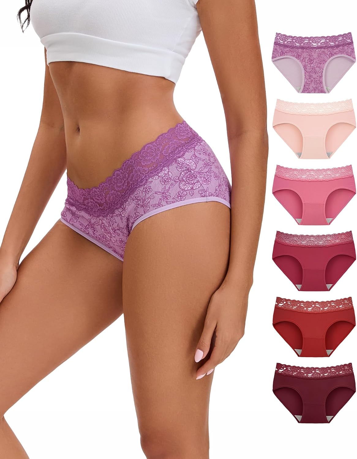 Detalle de INNERSY Damen Slips aus Baumwolle mit Spitze – bequeme Hipster-Unterwäsche im 6er-Mehrpack
