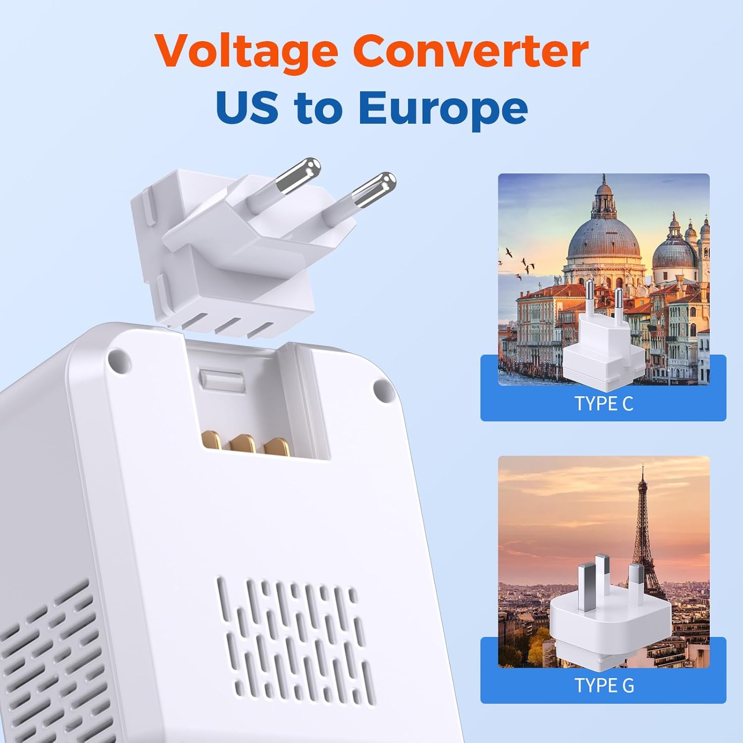Detalle de 2000W US-to-Europe Voltage Converter with 7-in-1 Travel Adapter (Type C & G) for Hair Dryers and High-Power Devices