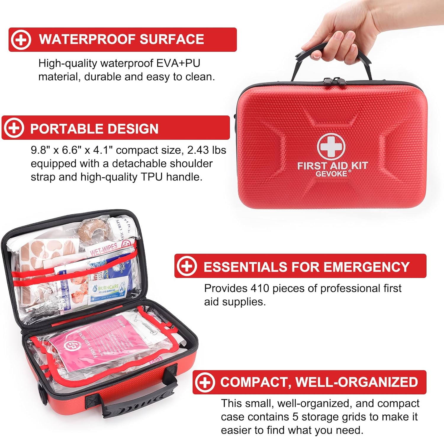 Detalle de Gevoke 410-Piece Waterproof Hard Shell First Aid Kit, Red, 5 Compartments