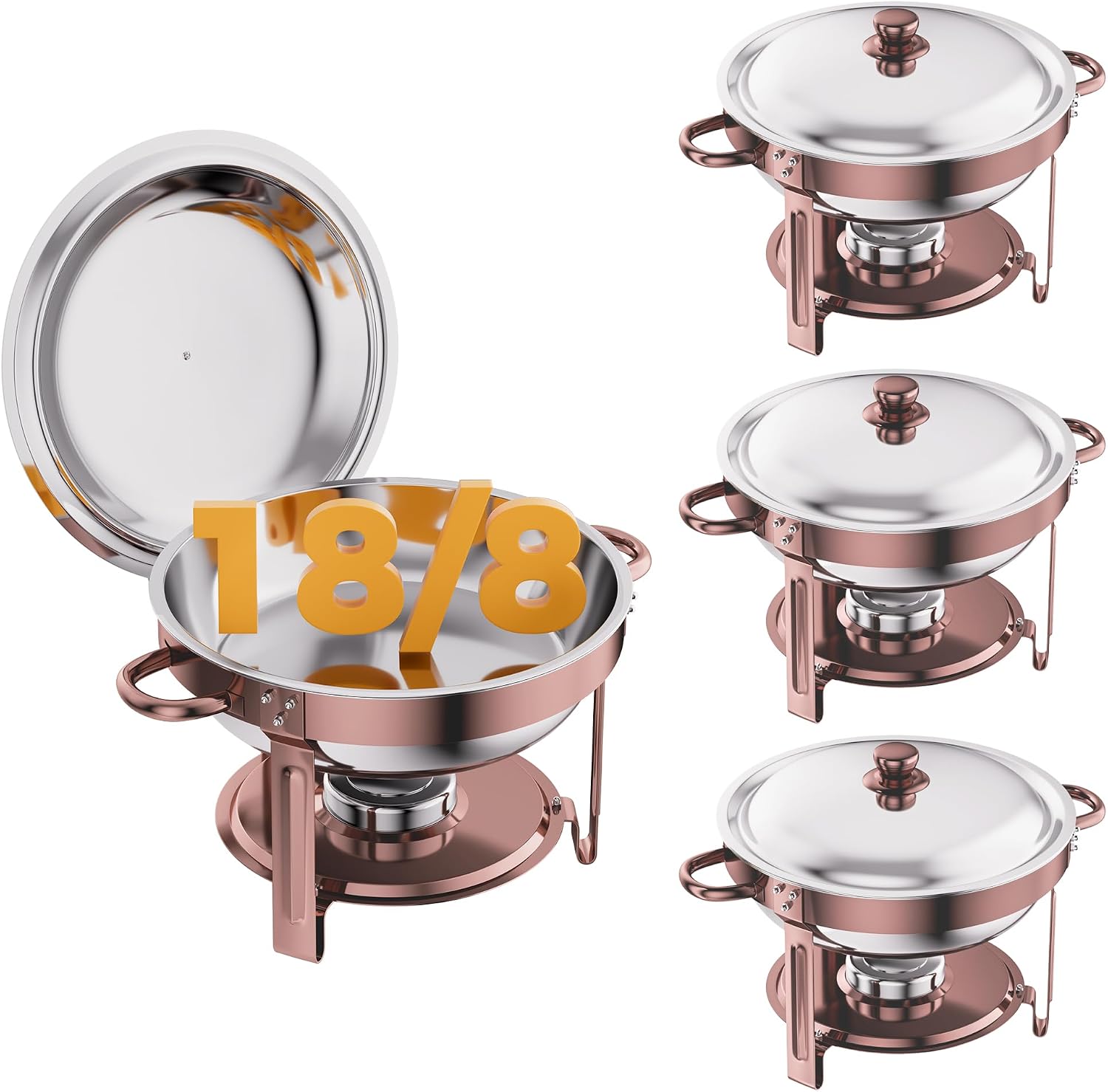 Detalle de CAMMOO 4 Pack Round Chafing Dishes for Buffet, Rose Gold, 6 QT Stainless Steel
