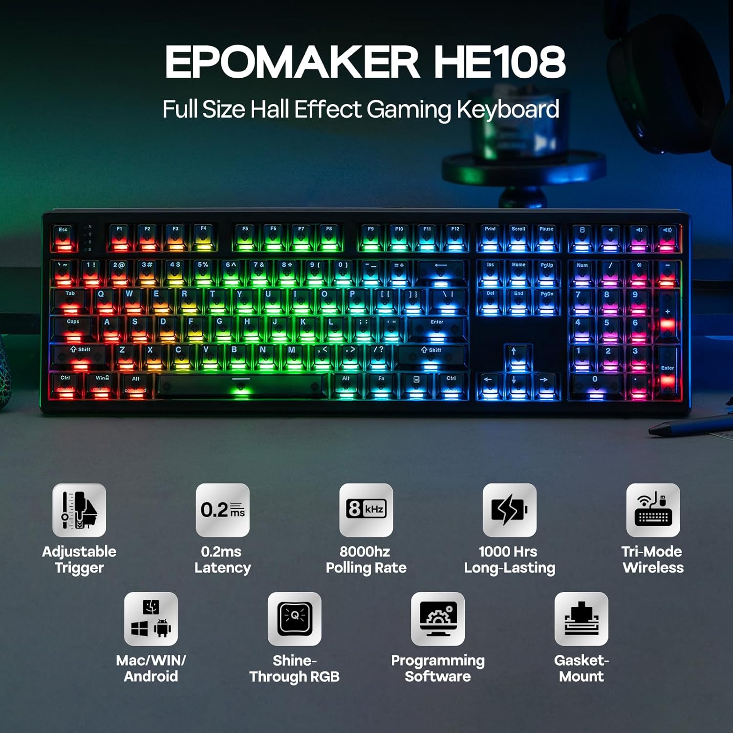 Detalle 2 de EPOMAKER HE108 Wireless Gaming Keyboard: 8K Polling, 128K Scan Rate, Hall Effect Precision